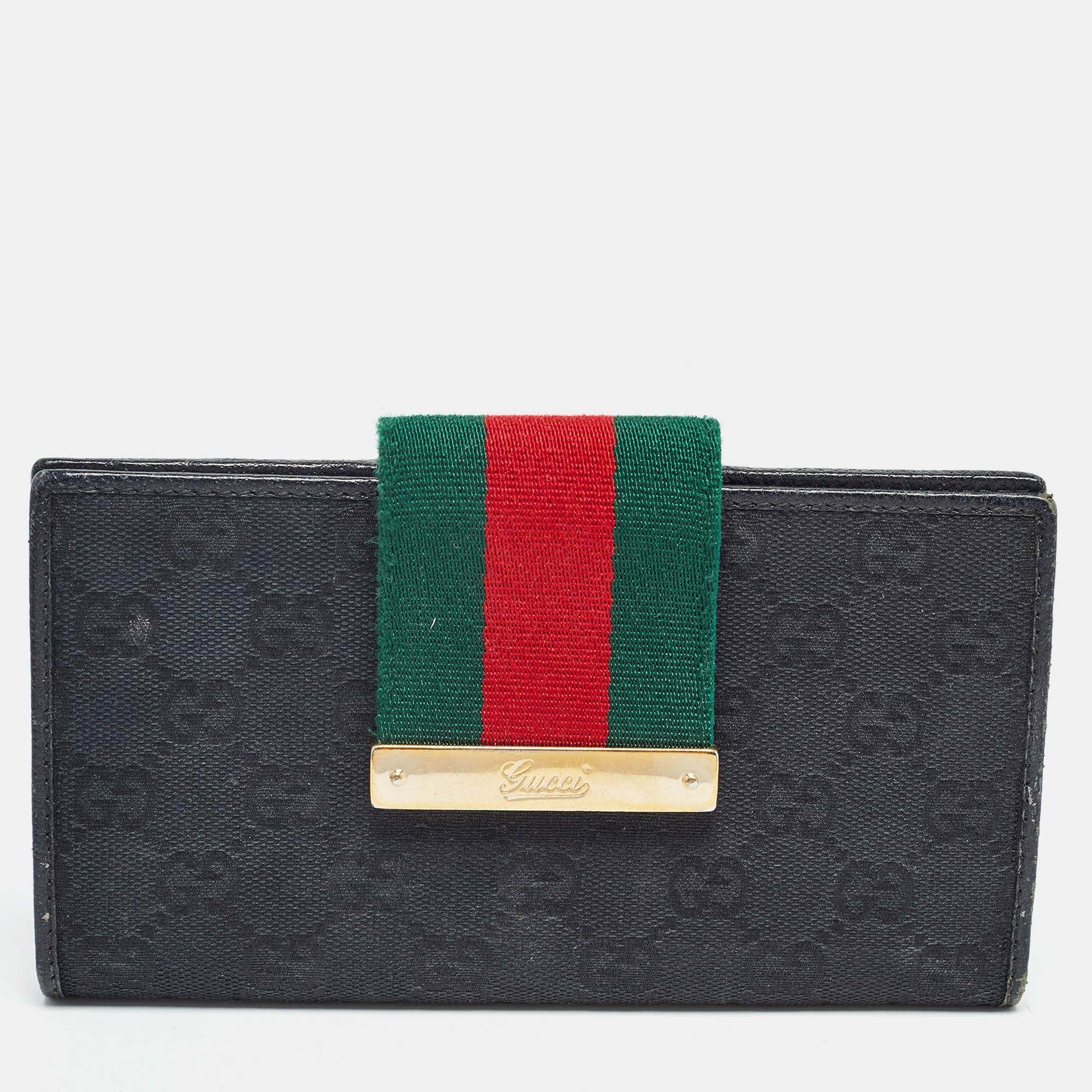 

Gucci Black GG Canvas and Leather Web Flap Wallet