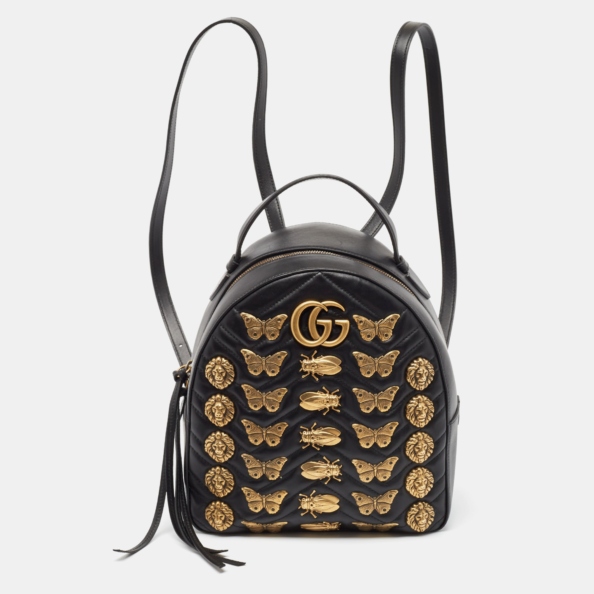 

Gucci Black Matelassé Leather Animal Stud GG Marmont Dome Backpack