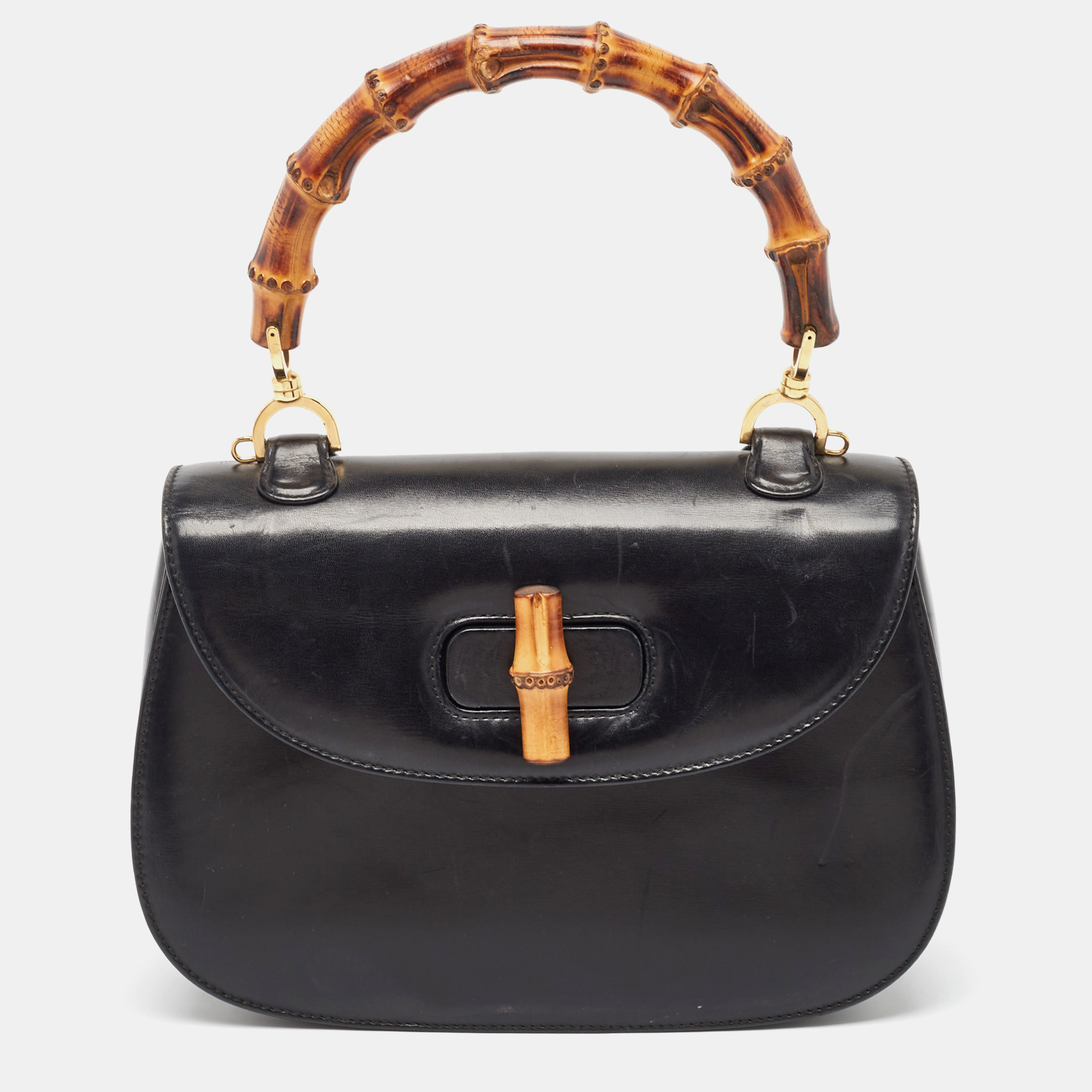 

Gucci Black Leather Vintage Bamboo Top Handle Bag