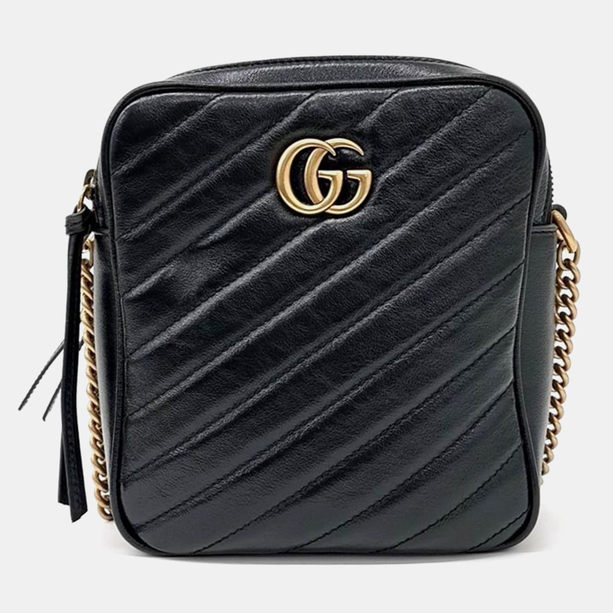 Pre-owned Gucci Marmont Chain Crossbody Bag In Black