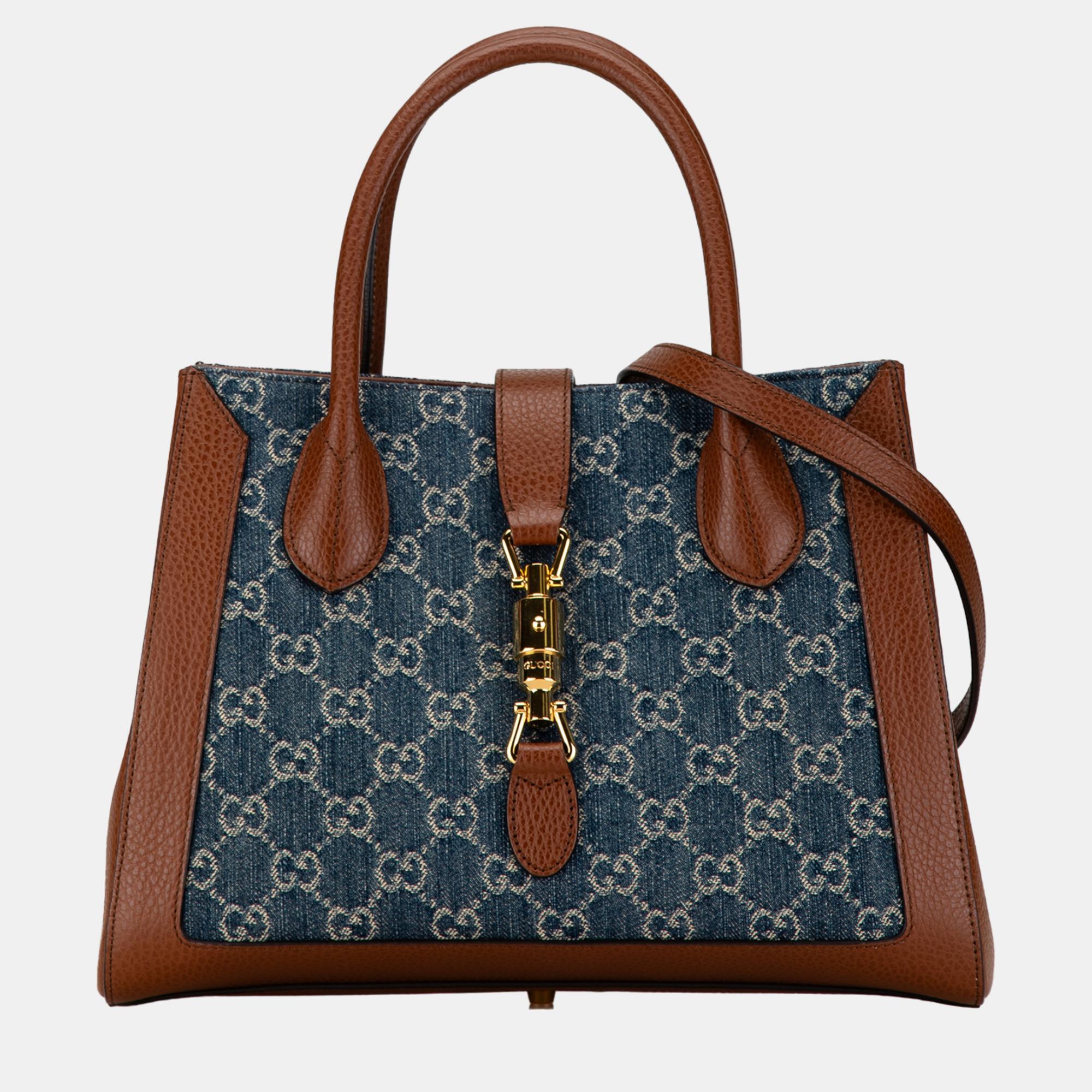 Pre-owned Gucci Blue/brown Denim Medium Gg Jackie 1961 Tote Bag