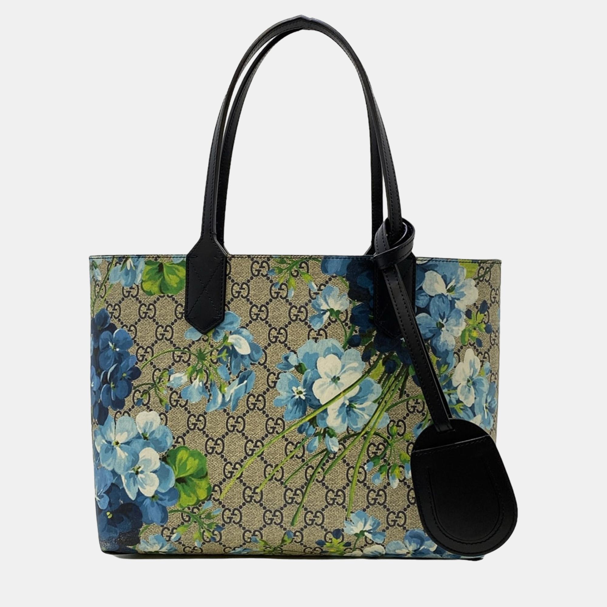 

Gucci Beige/Blue Canvas Small GG Supreme Blooms Reversible Tote Bag