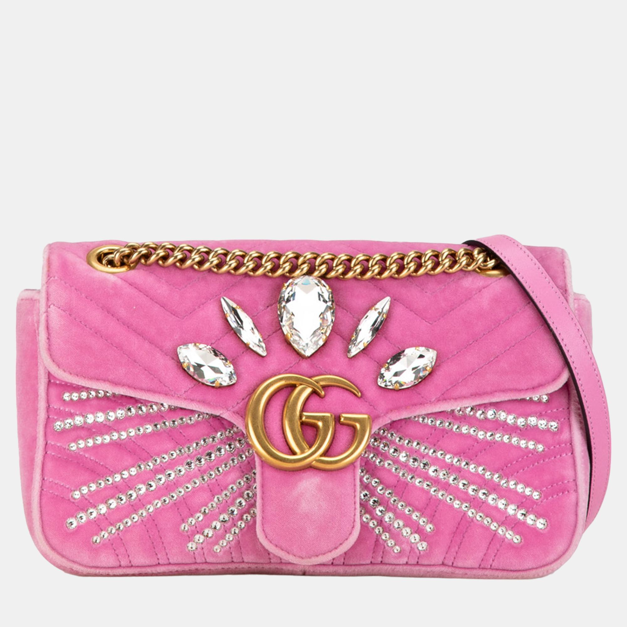 

Gucci Pink Velvet Crystal-Embellished Small GG Marmont Matelasse Crossbody Bag