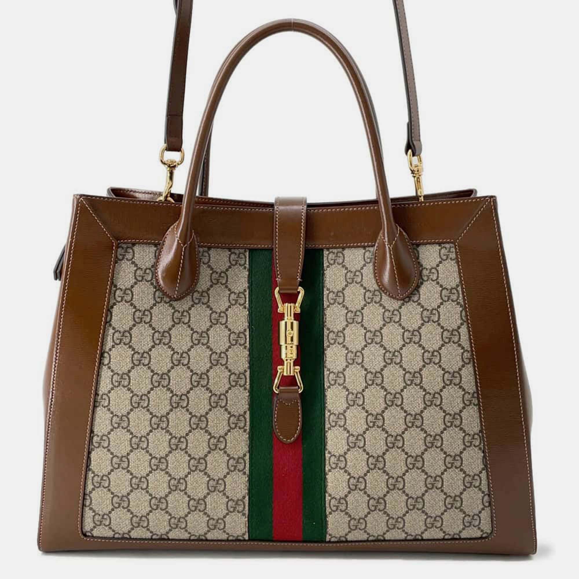 Pre-owned Gucci Brown/beige Gg Supreme Canvas And Leather Medium Web Jackie 1961 Tote Bag