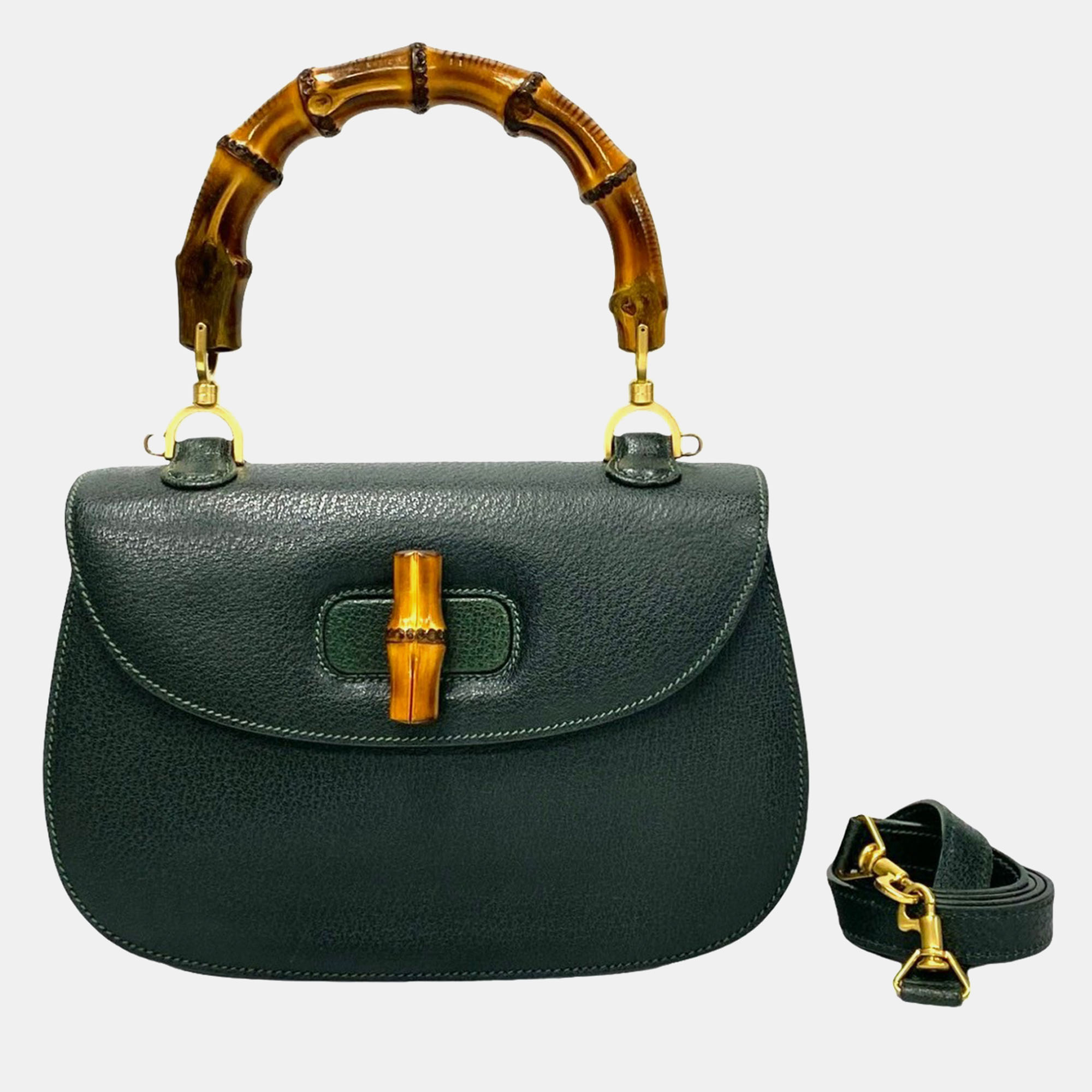 Pre-owned Gucci Green Leather Bamboo Shoulder Bag