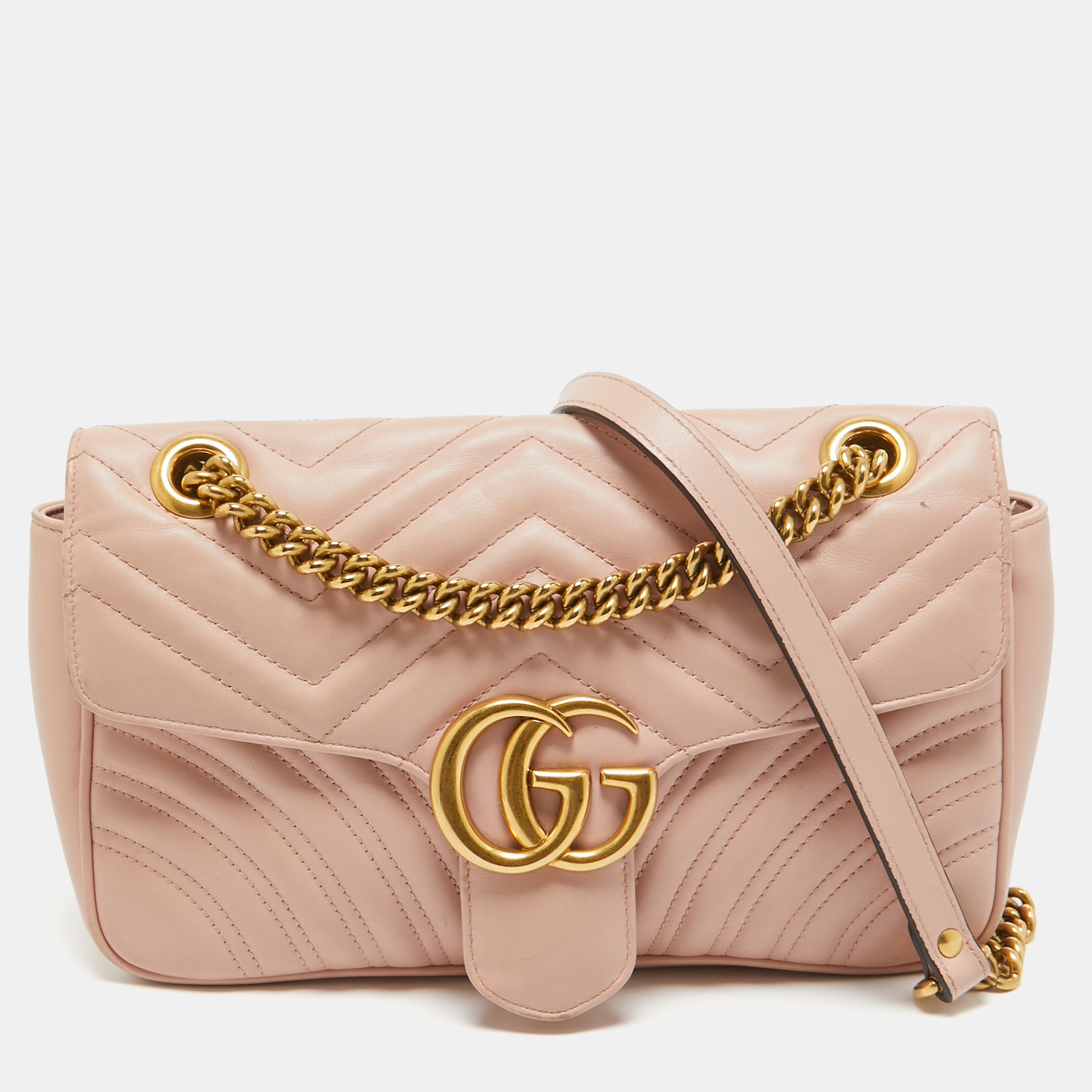 Pre-owned Gucci Pink Matelassé Leather Small Gg Marmont Shoulder Bag