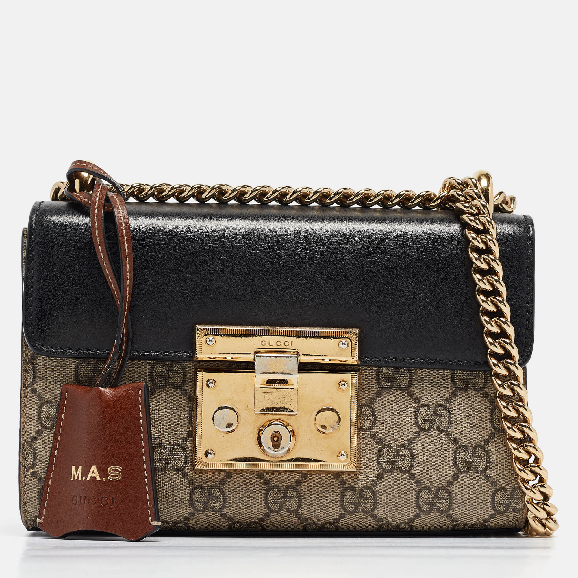 

Gucci Black/Beige GG Supreme Canvas and Leather  Padlock Shoulder Bag