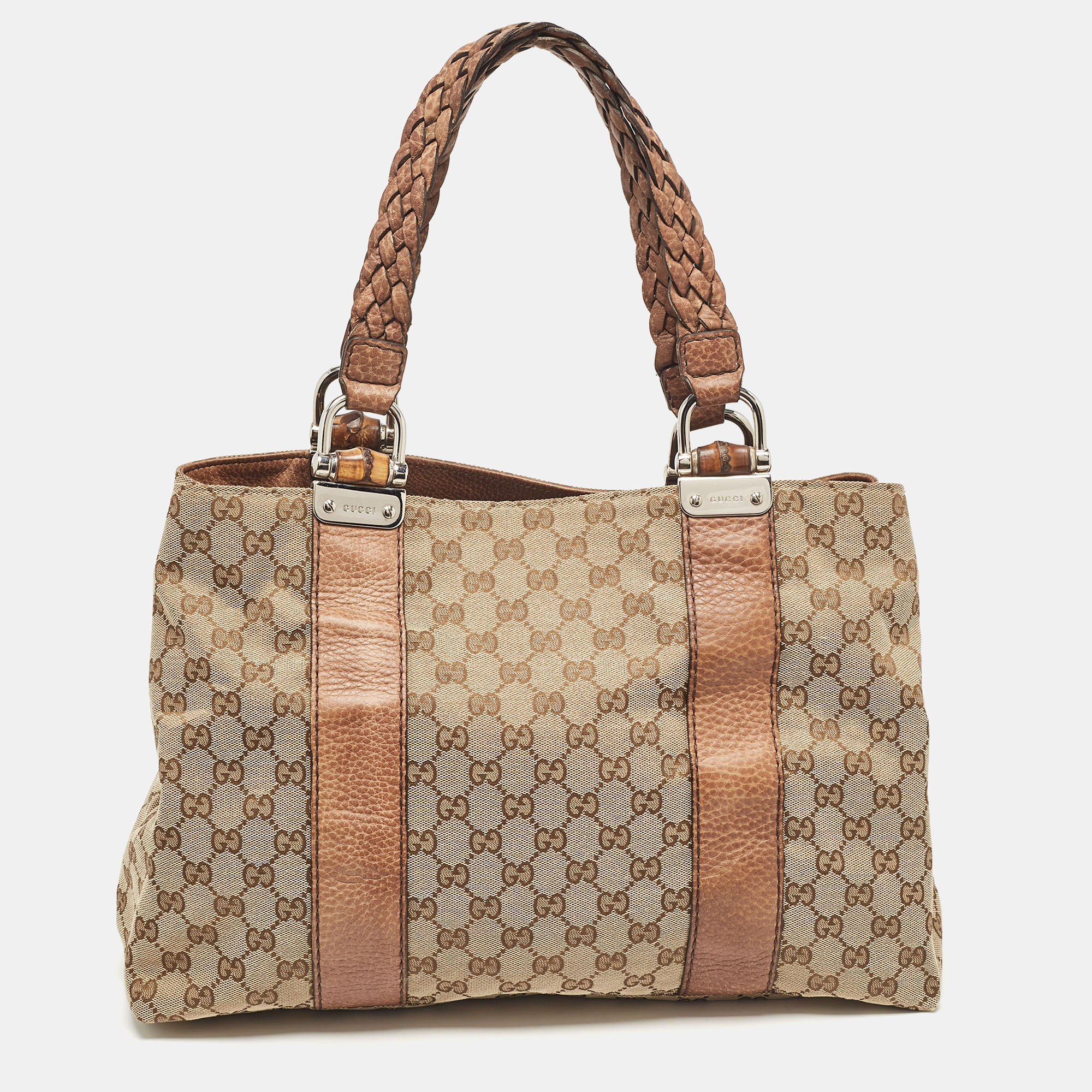 

Gucci Beige/Brown GG Canvas and Leather Medium Bamboo Bar Tote