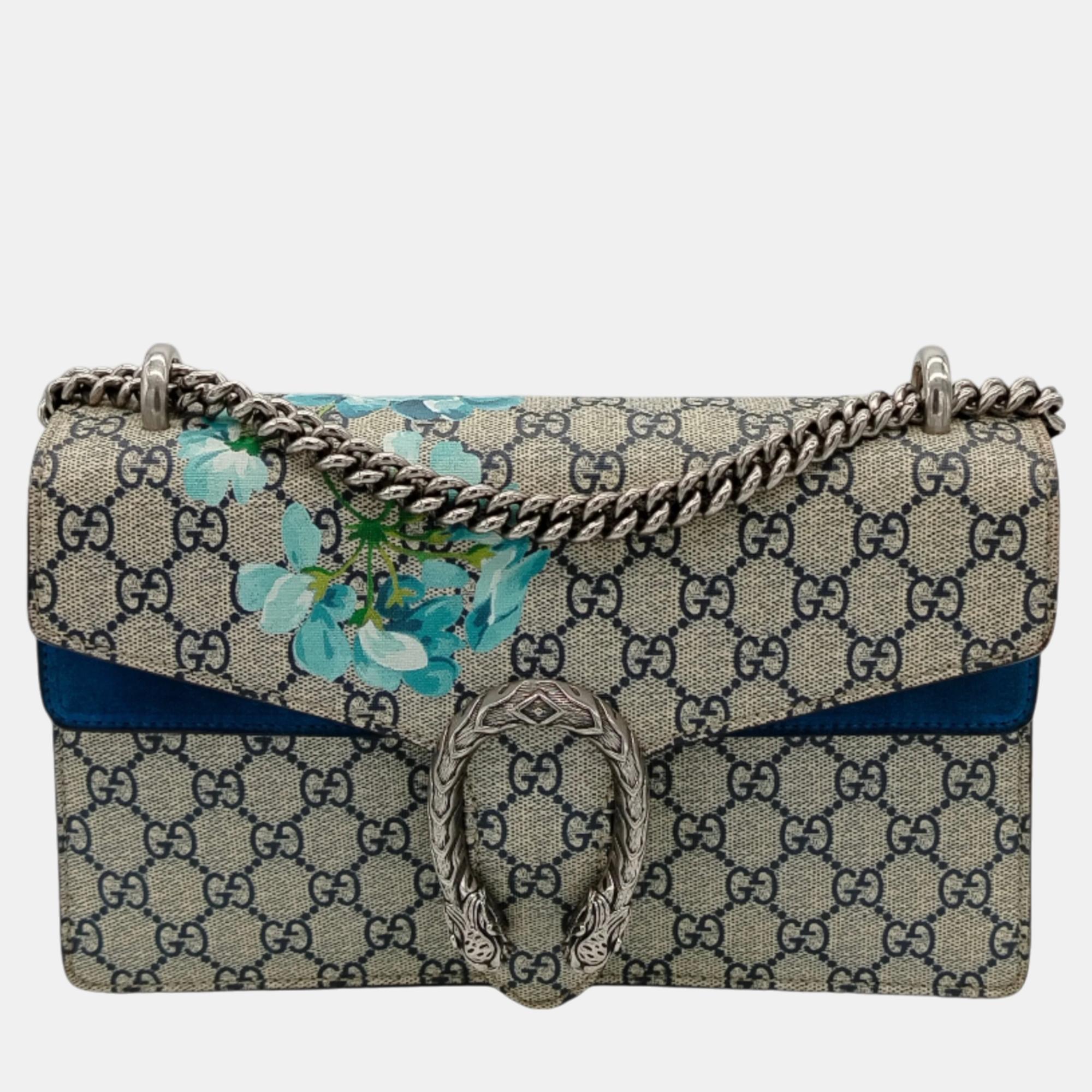 Pre-owned Gucci Blue/beige Gg Supreme Canvas And Suede Small Dionysus Blooms Shoulder Bag