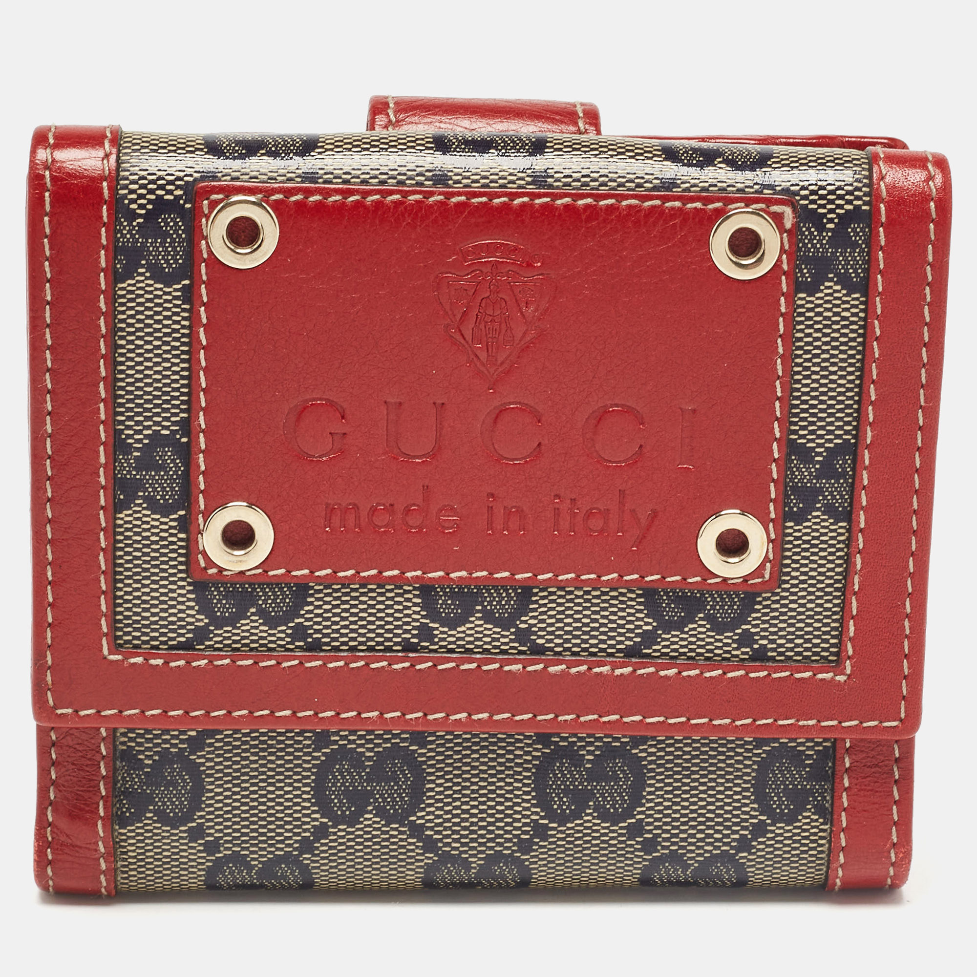 Pre-owned Gucci Red/blue Gg Supreme Crystals Canvas And Leather Logo Flap Compact Wallet