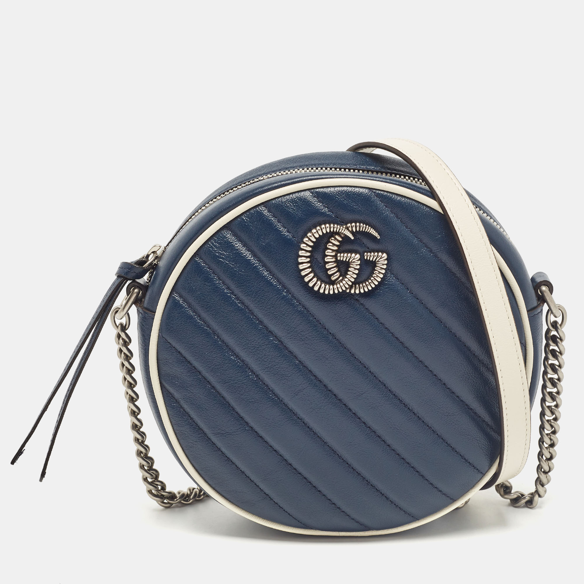 

Gucci Navy Blue/White Diagonal Quilt Leather GG Marmont Torchon Round Shoulder Bag