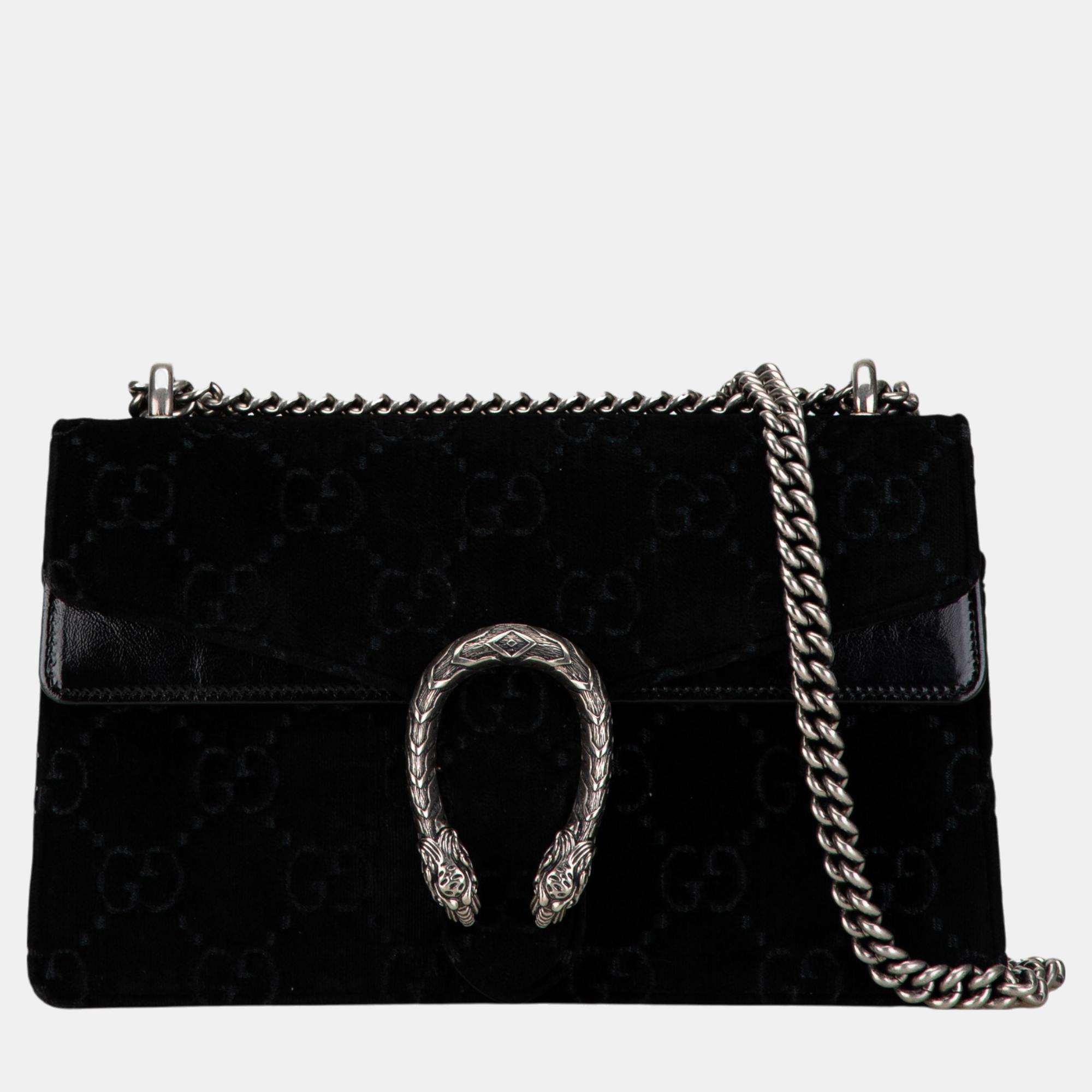 Pre-owned Gucci Black Small Gg Velvet Dionysus Shoulder Bag