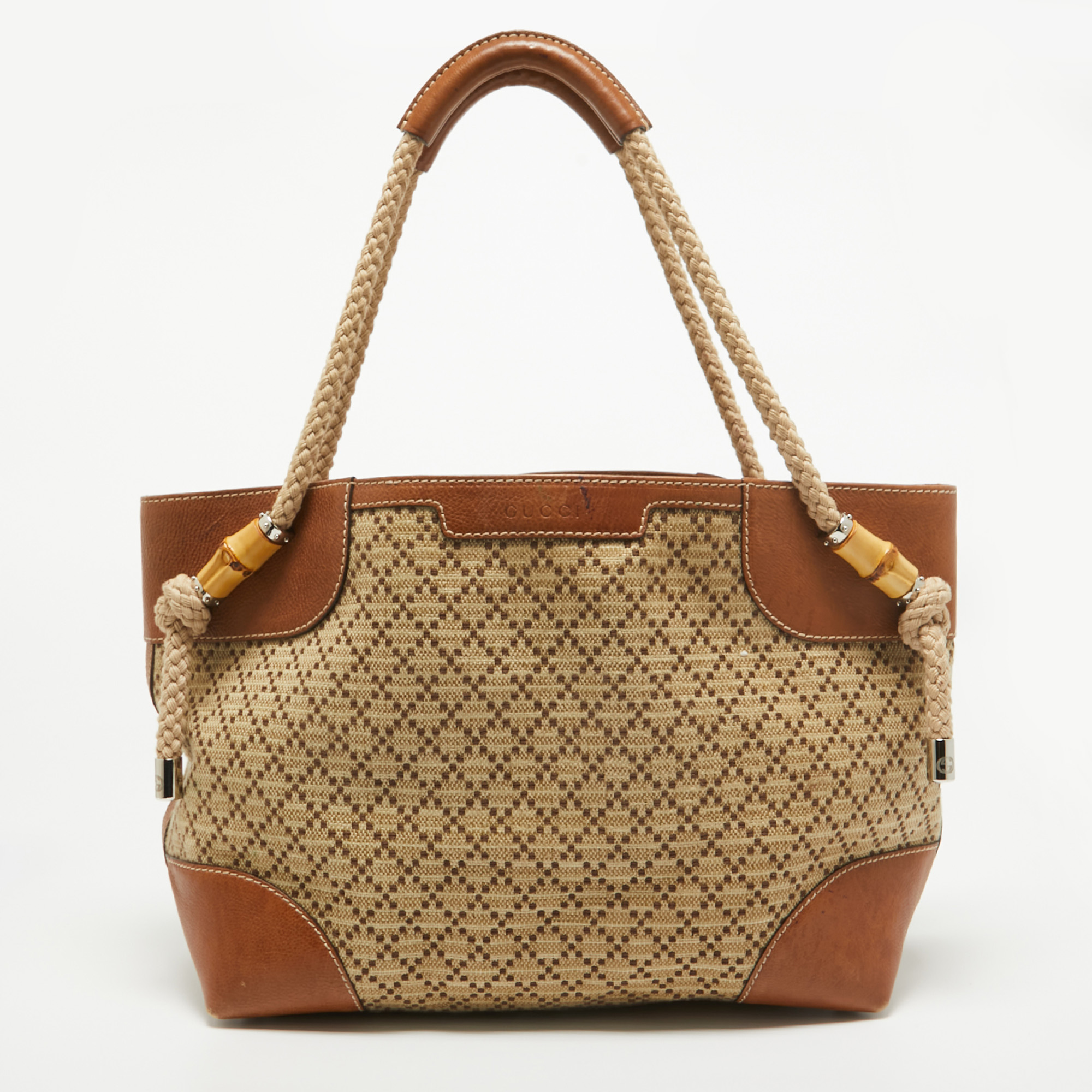 Pre-owned Gucci Brown/beige Diamante Canvas Maui Tote