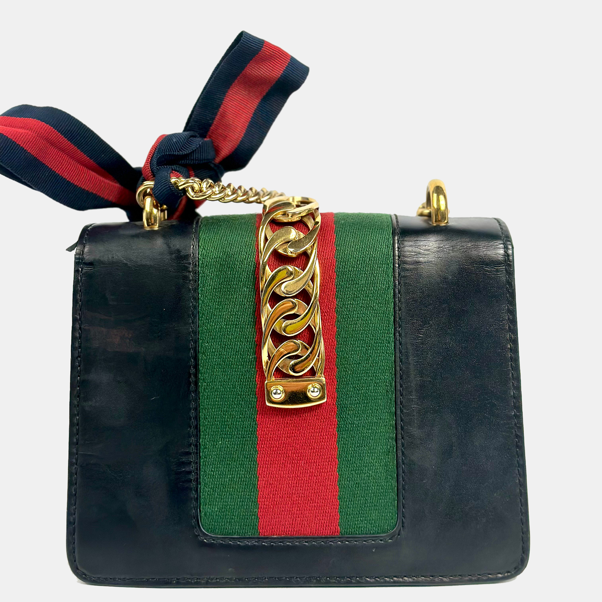 

Gucci Navy Leather Sylvie Flap Chain Bag, Navy blue