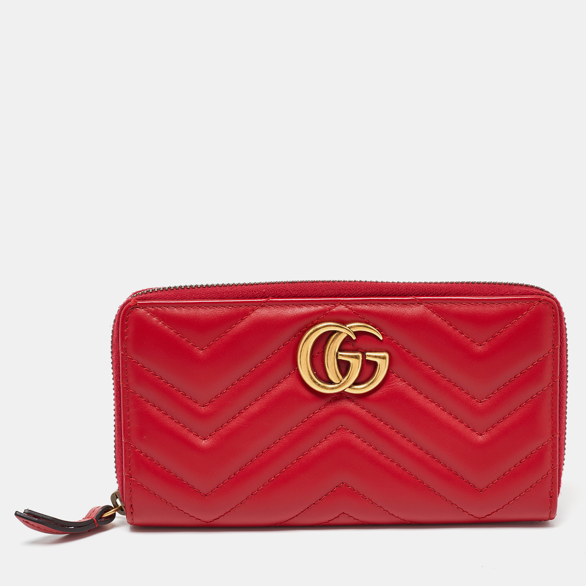 Pre-owned Gucci Red Matelasse Leather Gg Marmont Zip Around Wallet