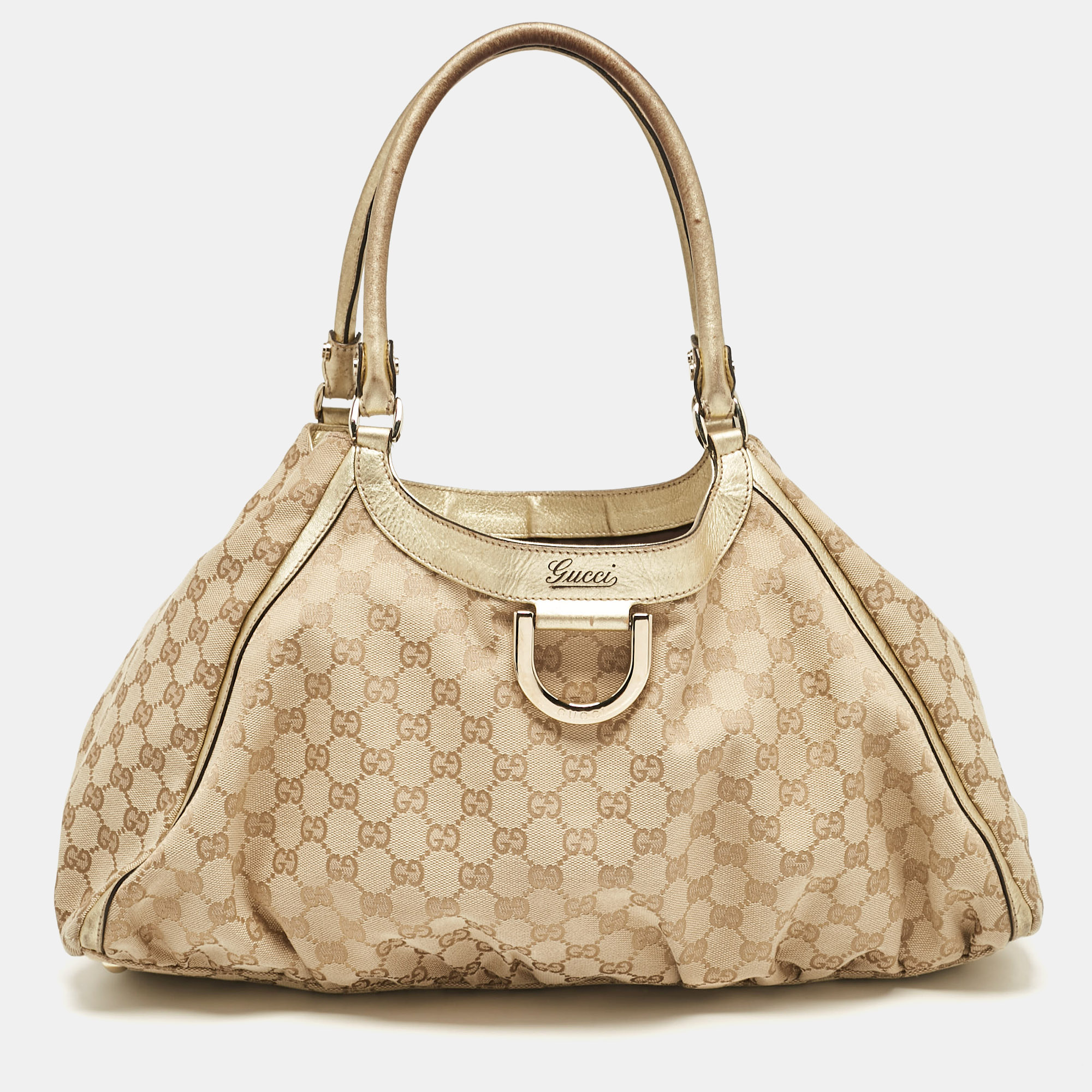 Pre-owned Gucci Beige/gold Gg Canvas Large Abbey D Ring Shoulder Bag