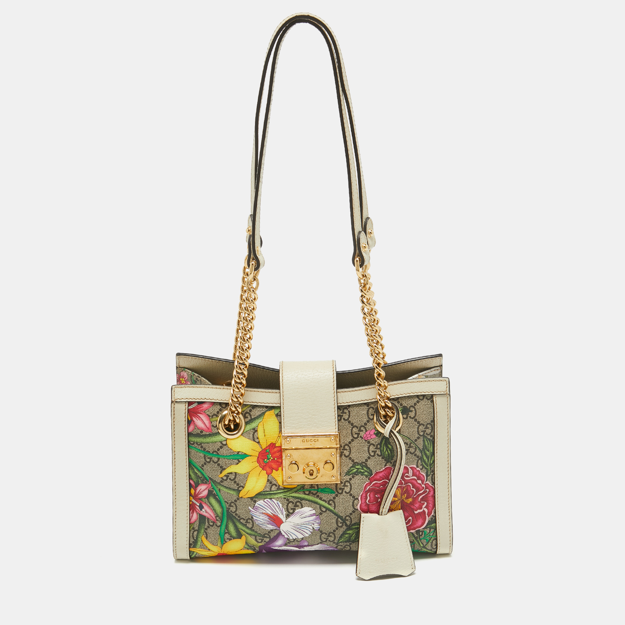 

Gucci Multicolor Floral GG Supreme Canvas Small Padlock Shoulder Bag, White