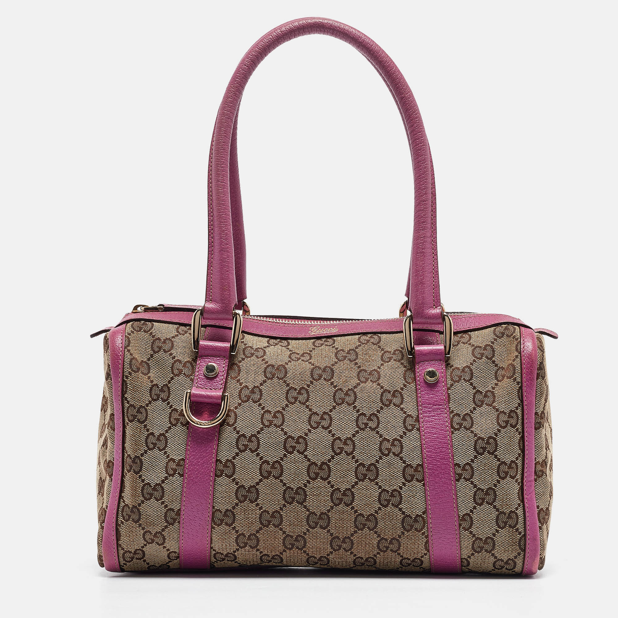 Pre-owned Gucci Pink/beige Gg Canvas And Leather Abbey Boston Bag