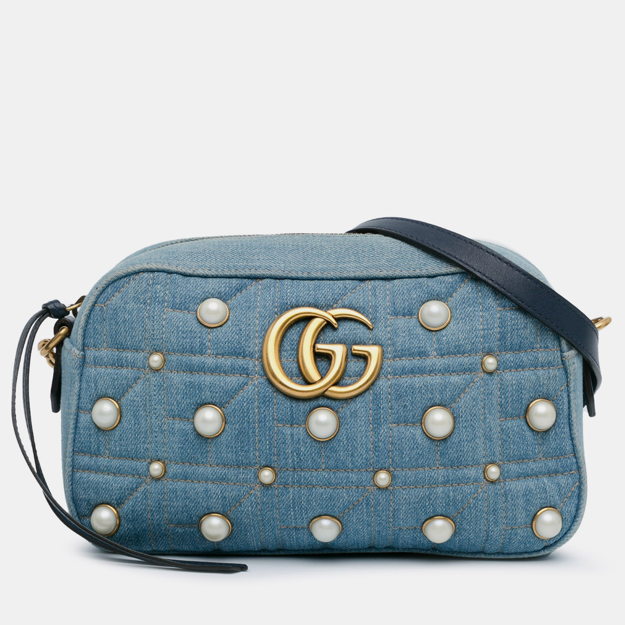 

Gucci Small GG Marmont Pearl Studded Denim Crossbody Bag, Blue