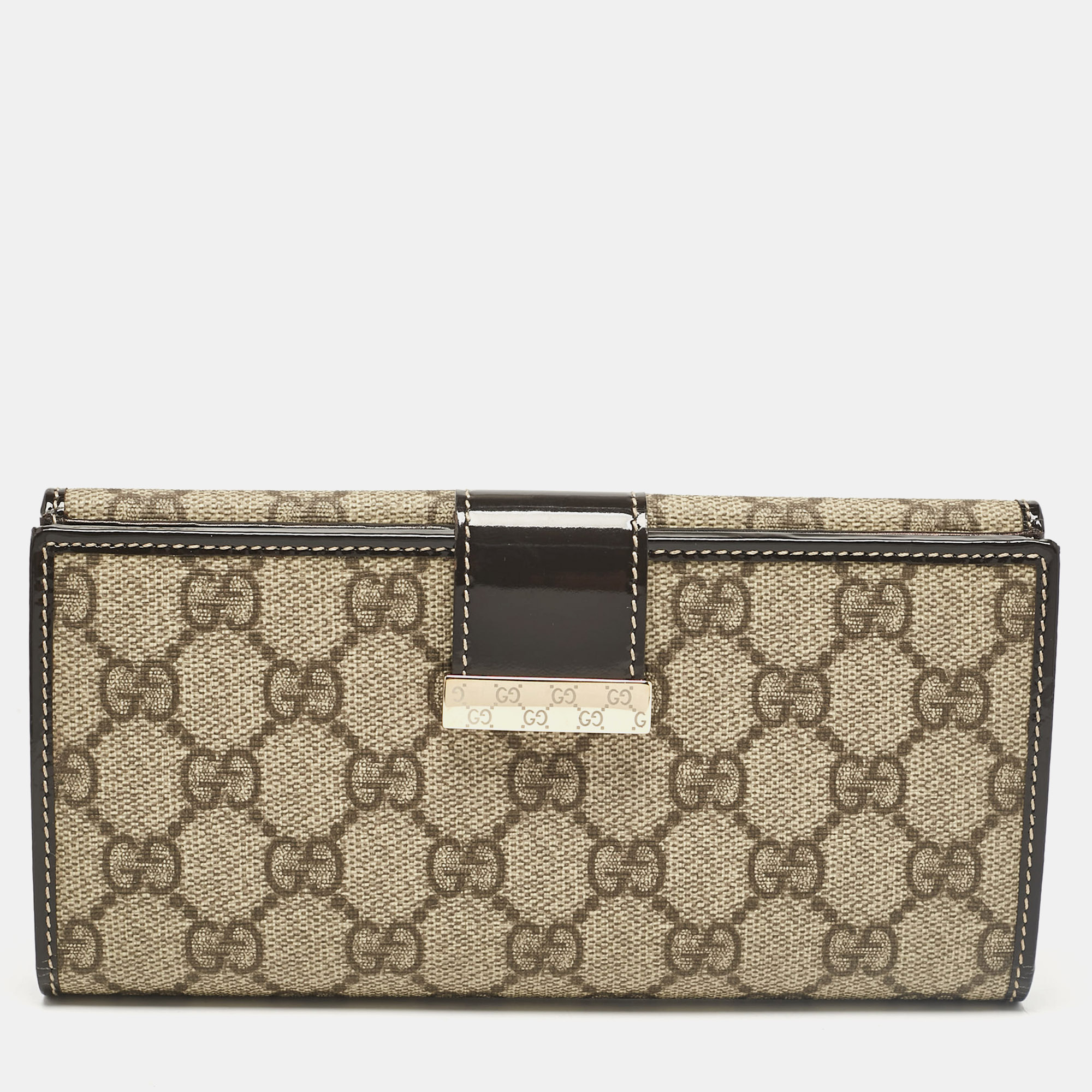 Pre-owned Gucci Brown/beige Gg Supreme Canvas And Patent Leather Metal Flap Continental Wallet