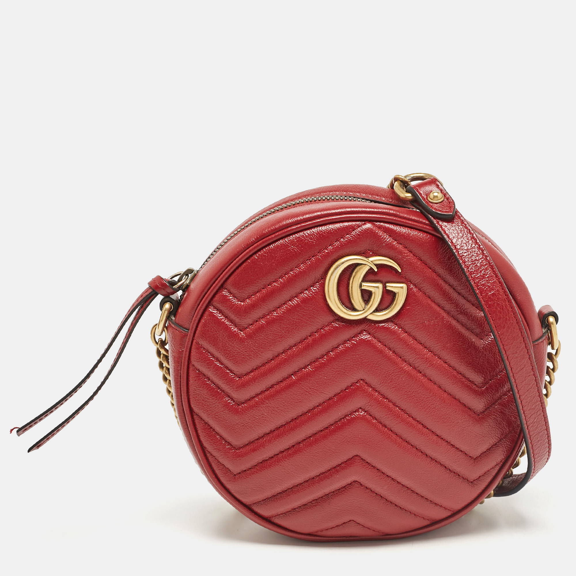 

Gucci Red Matelassé Leather Mini GG Marmont Round Shoulder Bag