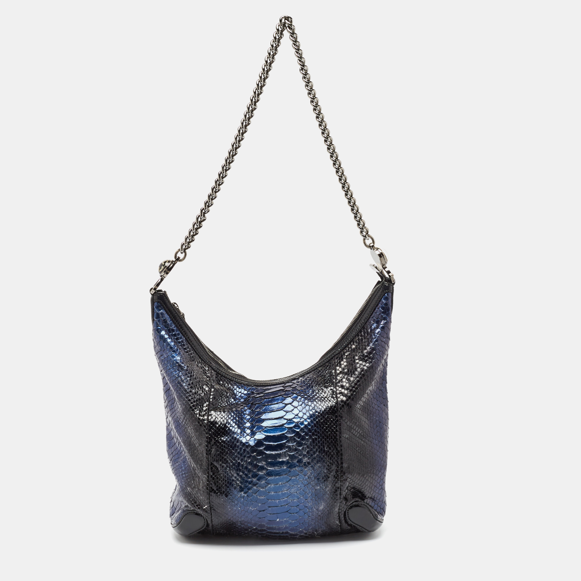 Pre-owned Gucci Metallic Blue/black Leather And Python Galaxy Hobo