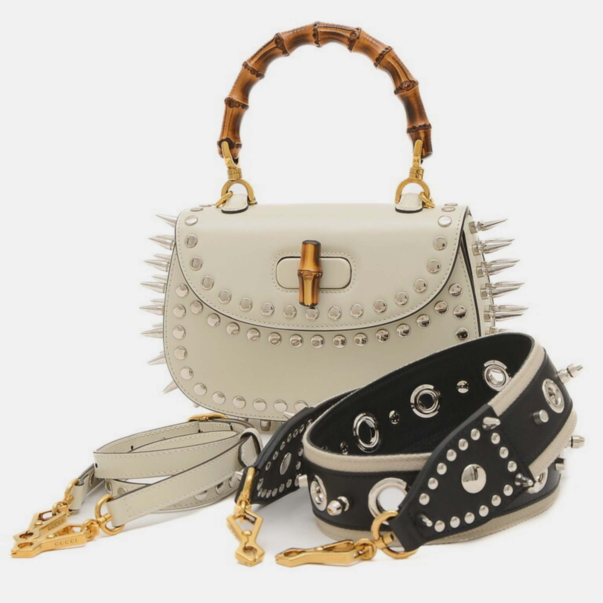 Pre-owned Gucci Off-white Leather Small Studded Bamboo 1947 Top Handle Bag