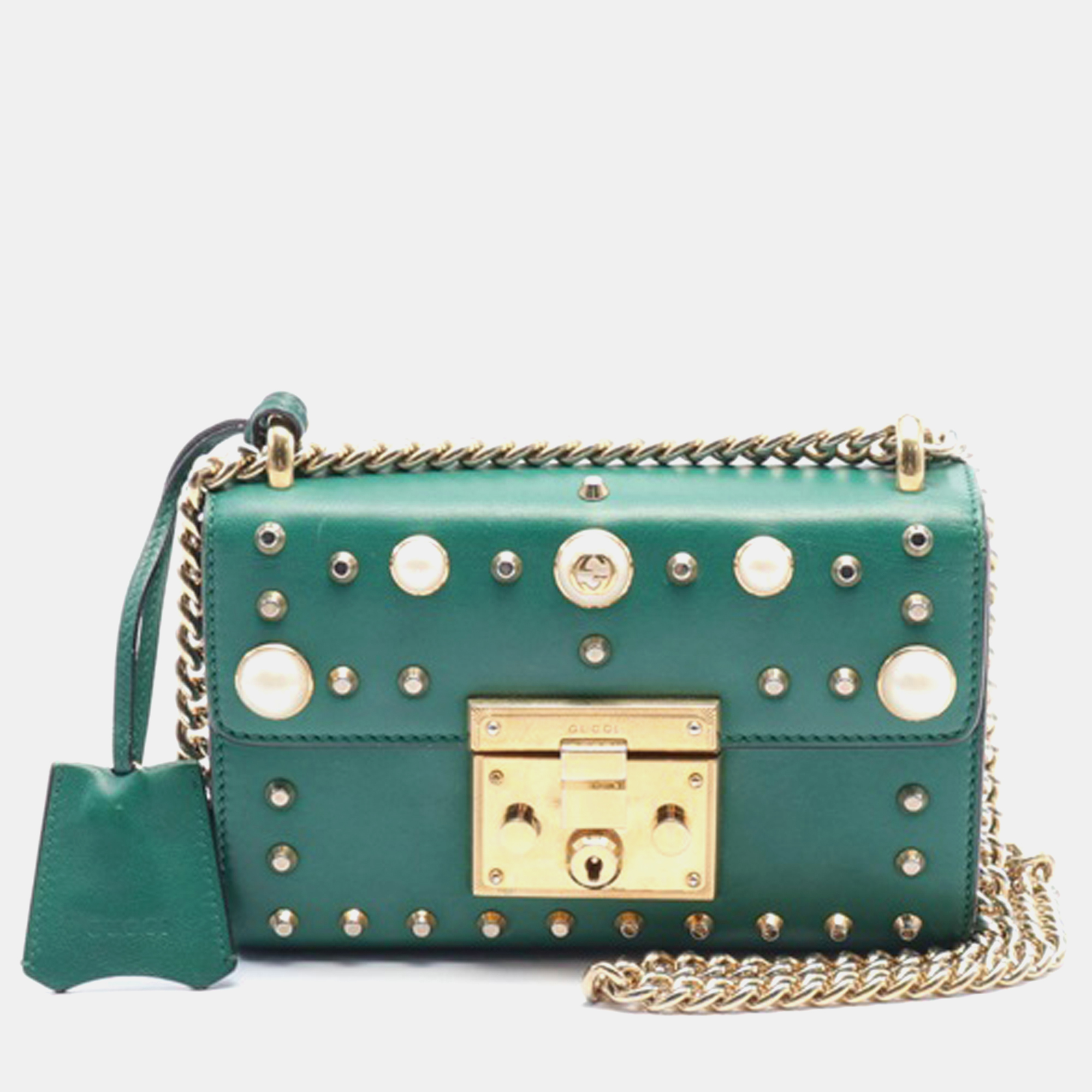 

Gucci Green Small Pearl Studded Padlock Crossbody Bag