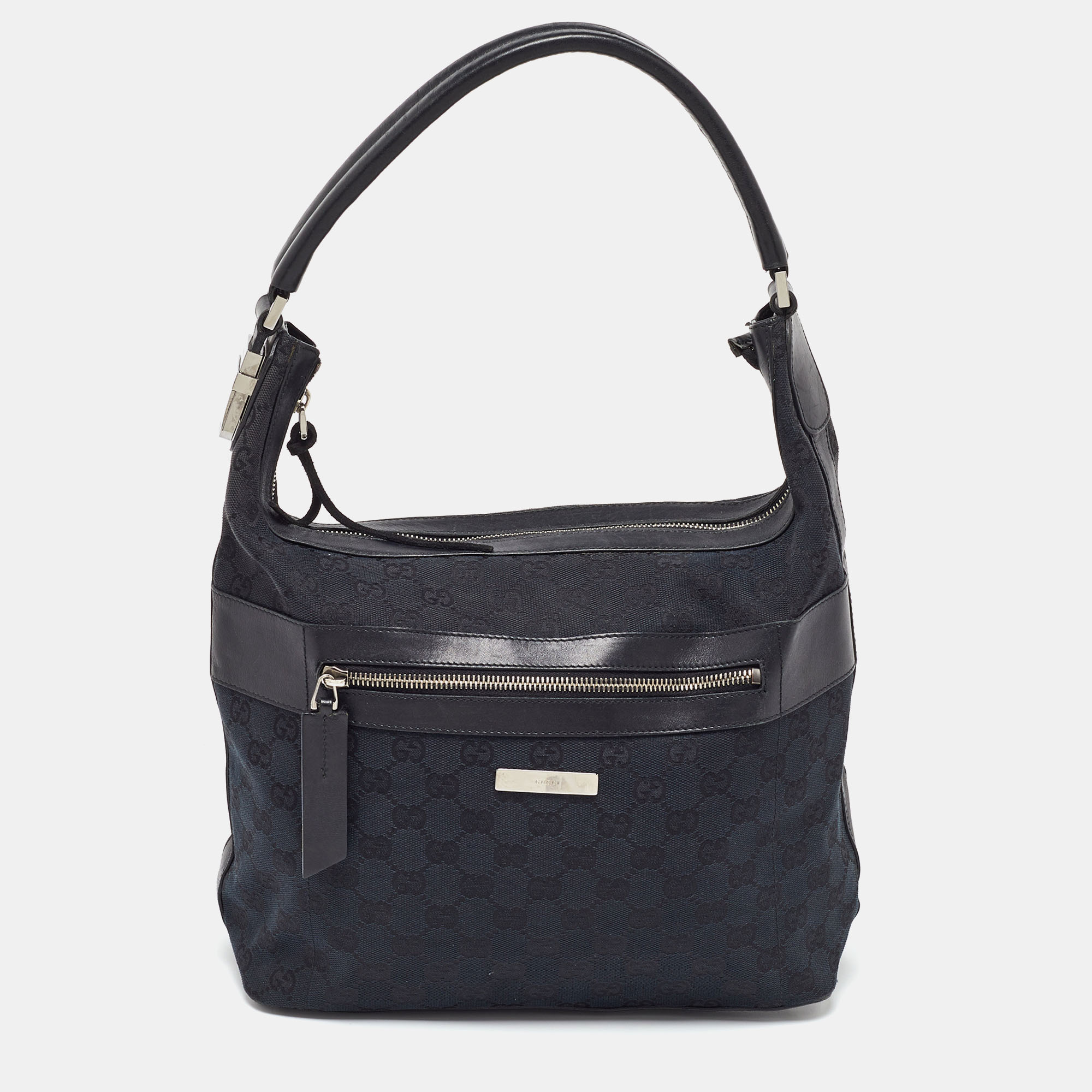 Pre-owned Gucci Black Gg Canvas And Leather Hobo