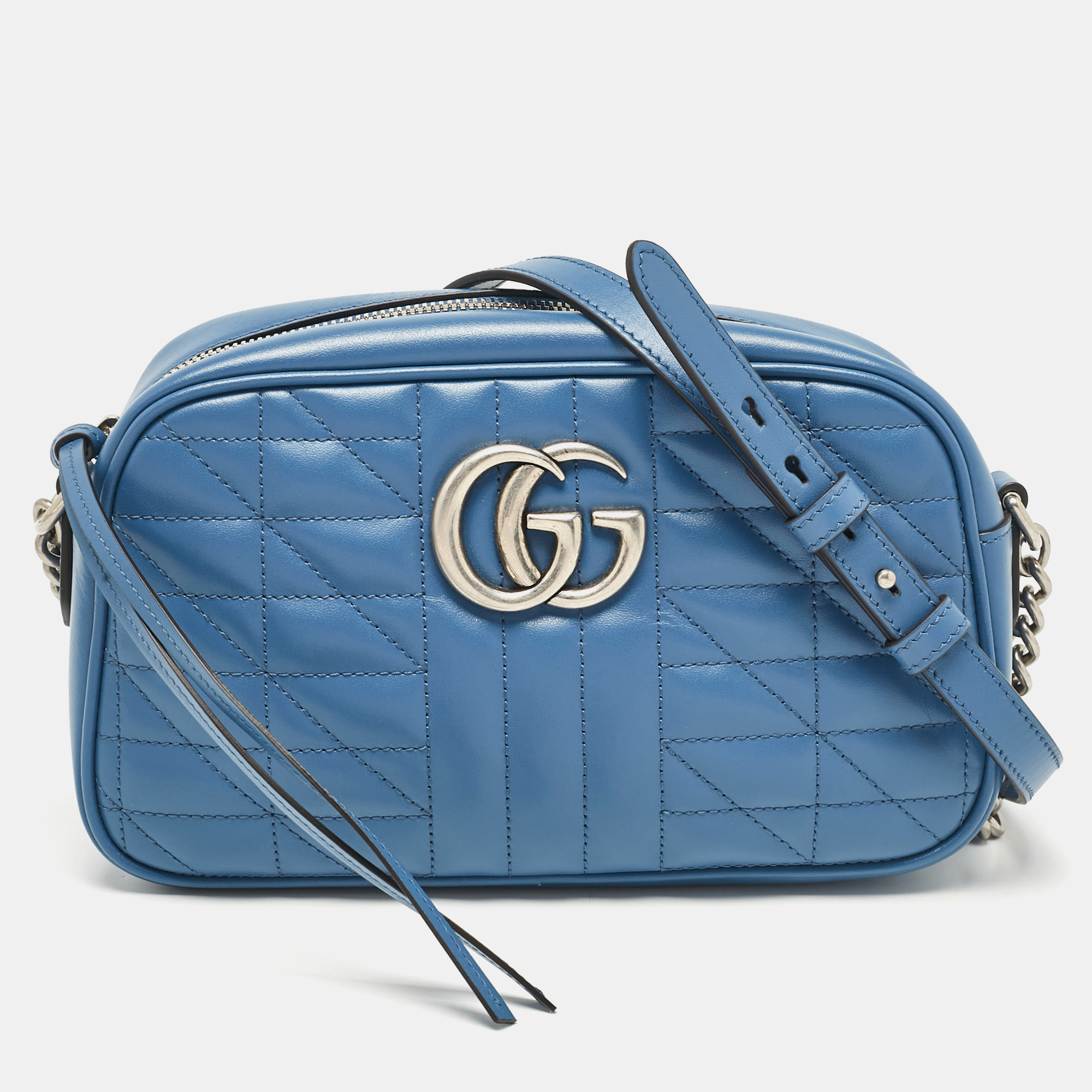 Pre-owned Gucci Blue Quilted Leather Small Gg Marmont Crossbody Bag