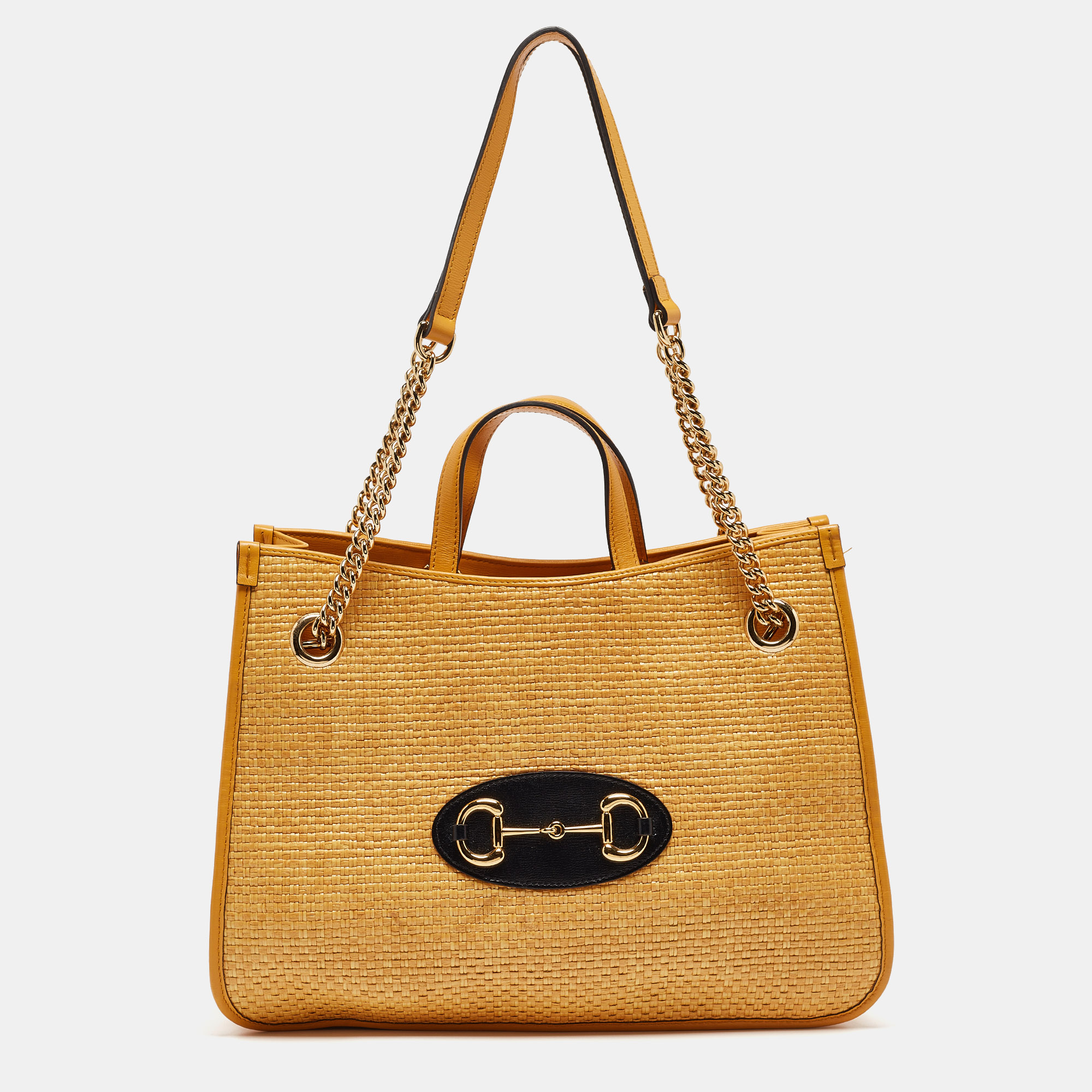 Pre-owned Gucci Yellow Leather And Raffia Horsebit 1955 Chain Tote