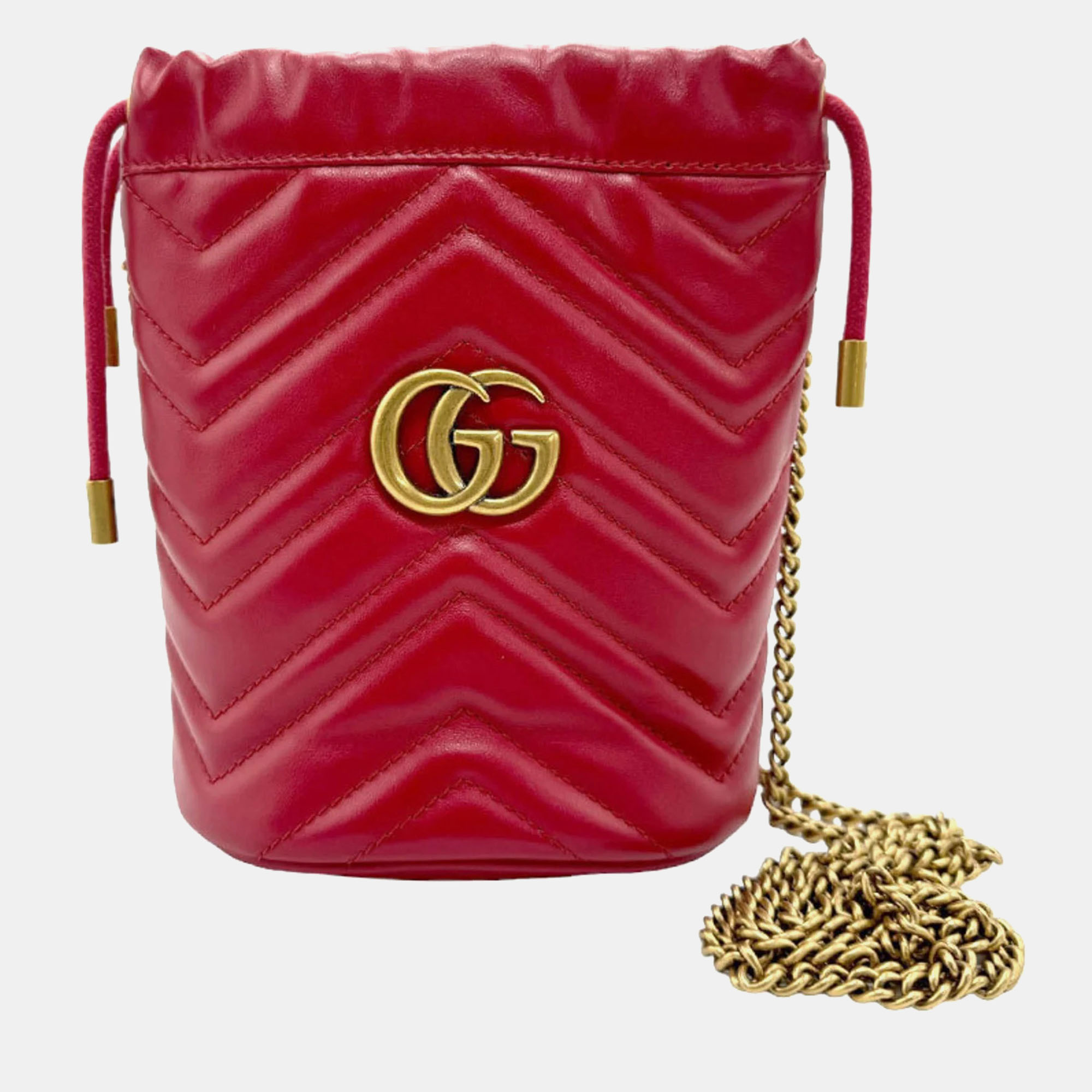 

Gucci Red Leather GG Marmont Bucket Bag