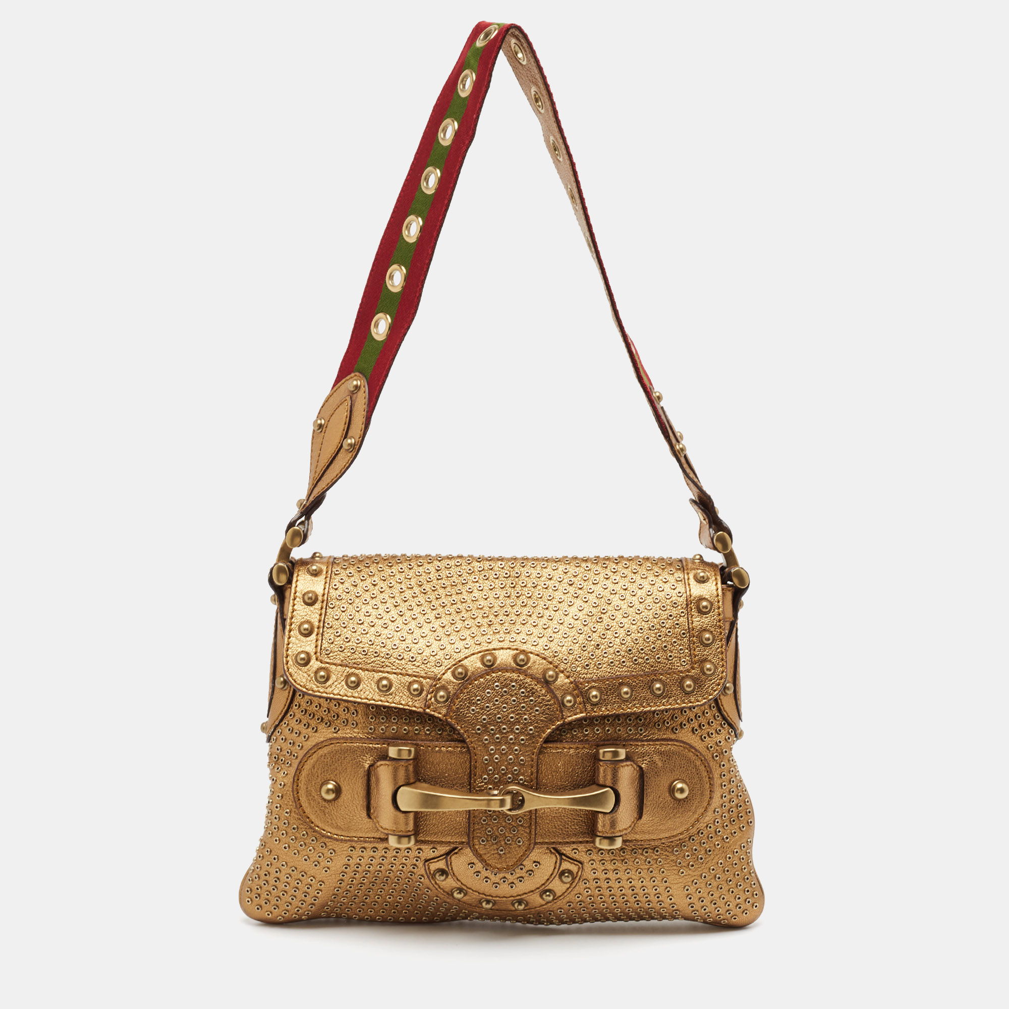 

Gucci Gold Leather Studded Pelham Runaway Flap Shoulder Bag