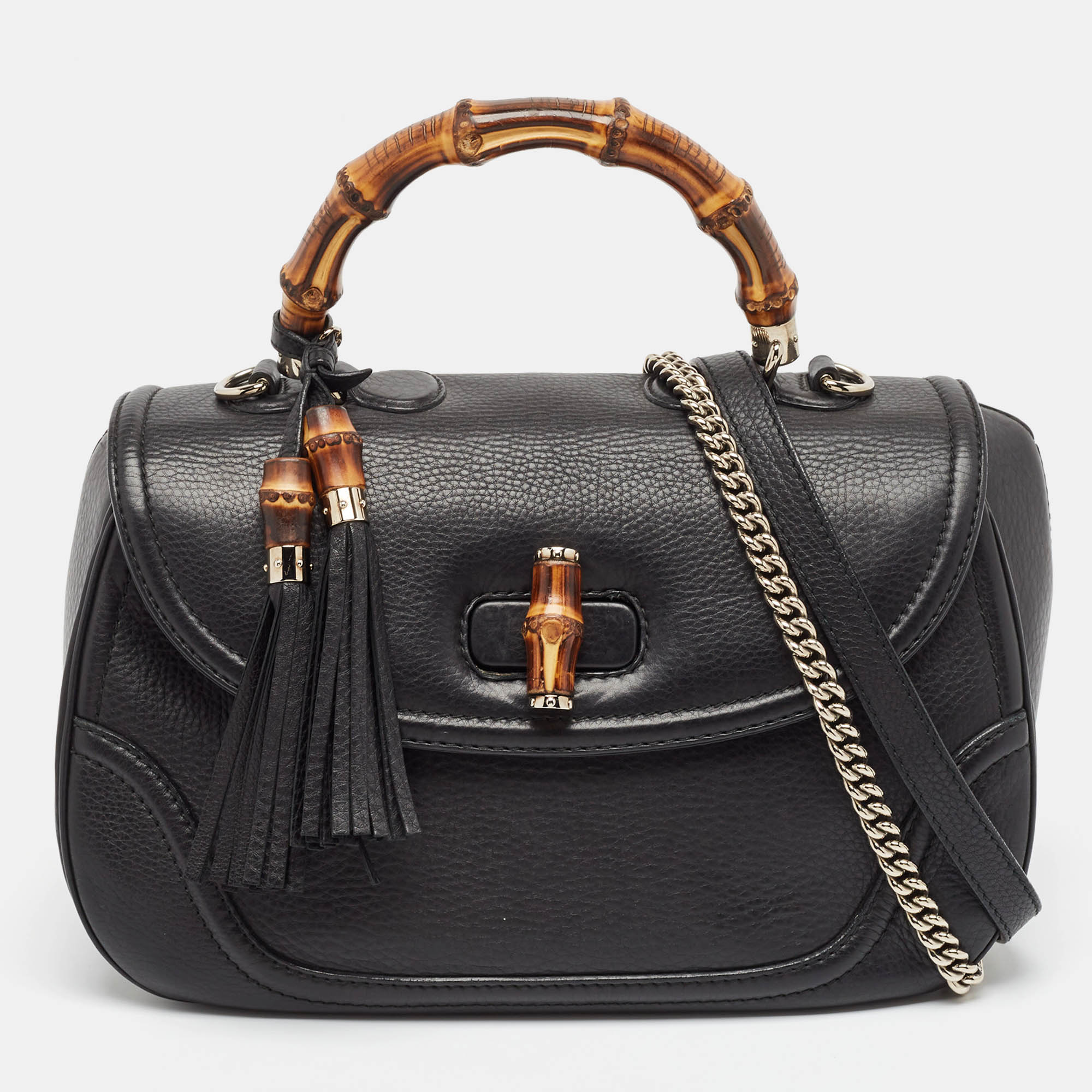 

Gucci Black Leather  New Bamboo Tassel Top Handle Bag