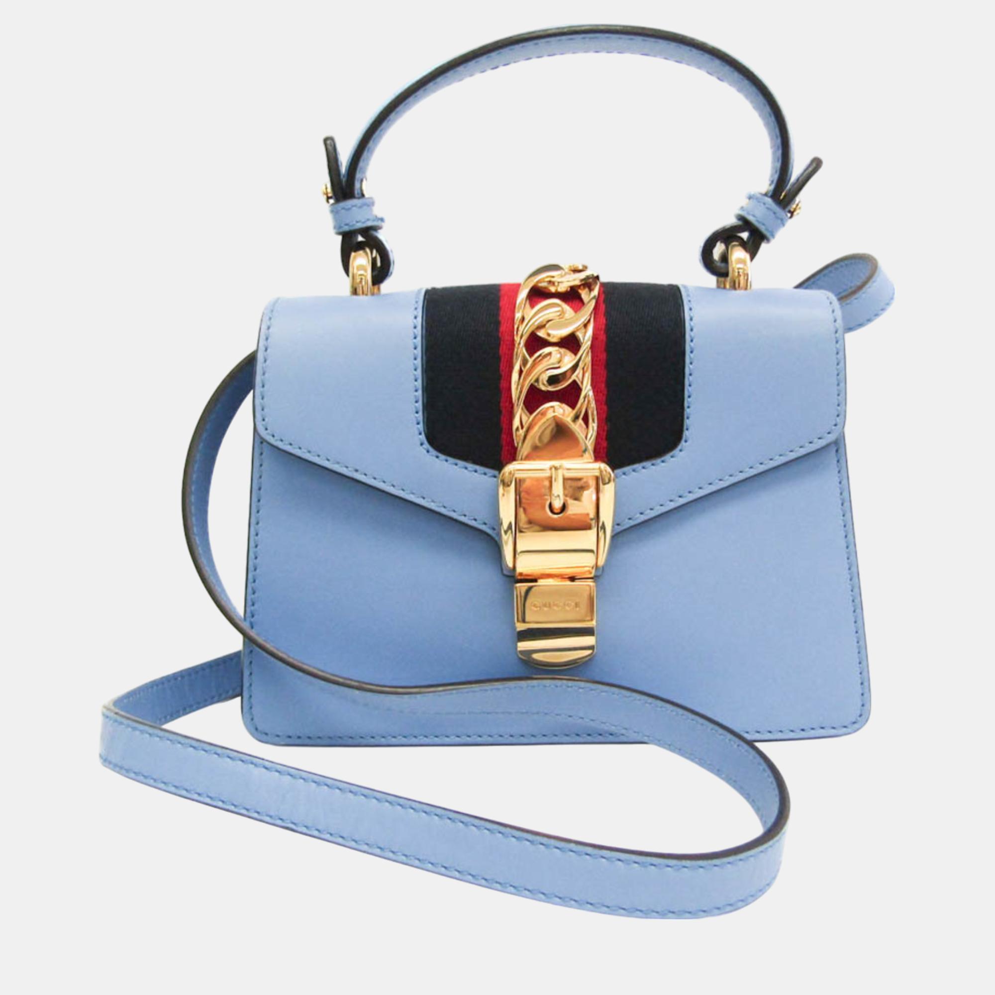 Pre-owned Gucci Light Blue Leather Mini Sylvie Top Handle Bag