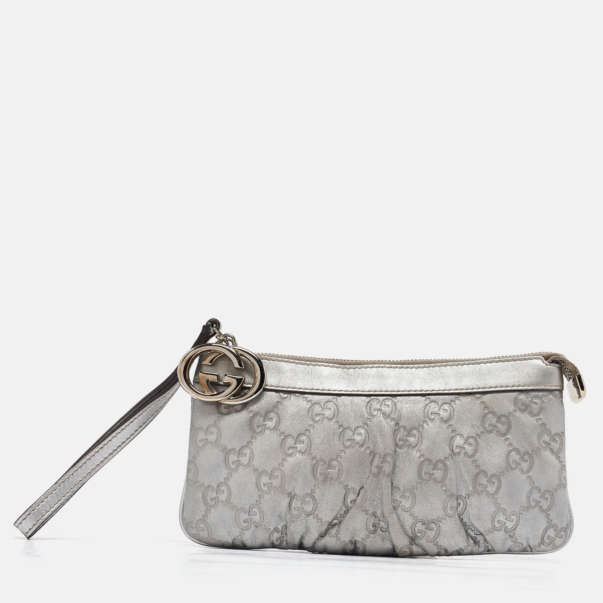 

Gucci Silver Guccissima Leather Interlocking G Wristlet Pouch