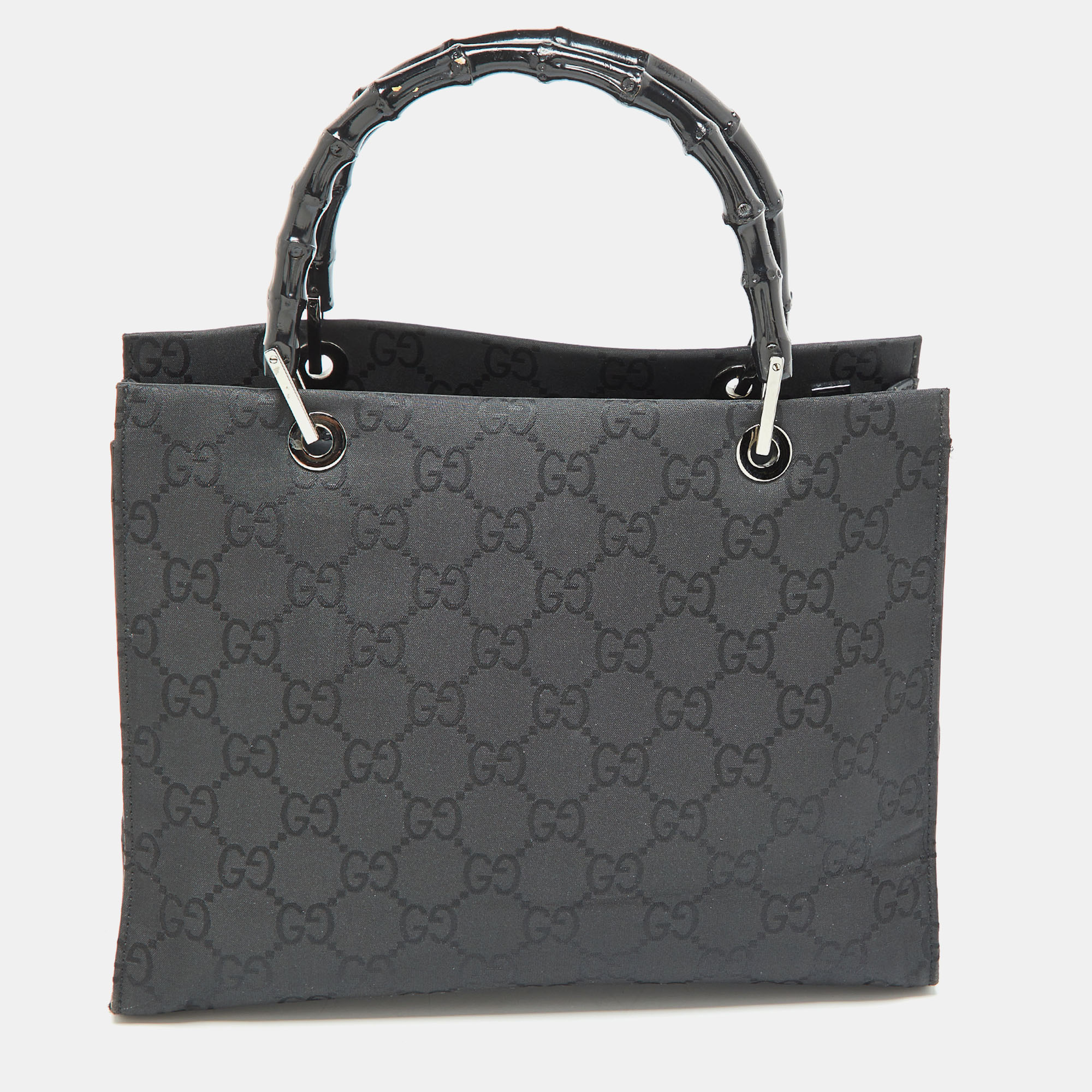 Pre-owned Gucci Black Gg Nylon Bamboo Tote