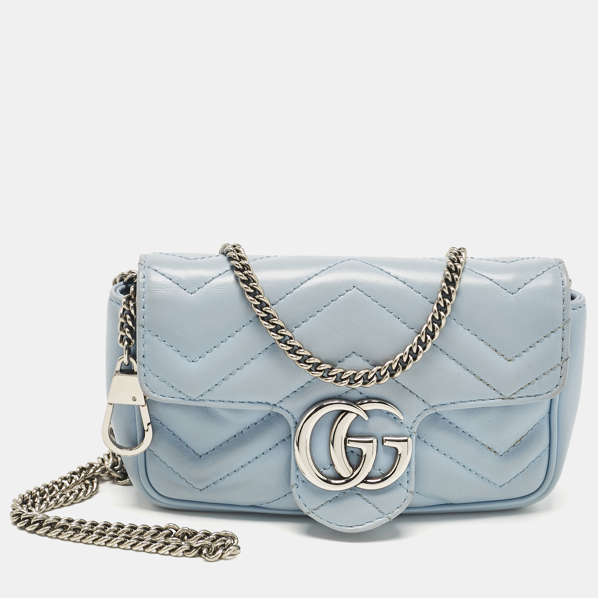 Pre-owned Gucci Light Blue Matelassé Leather Super Mini Gg Marmont Shoulder Bag