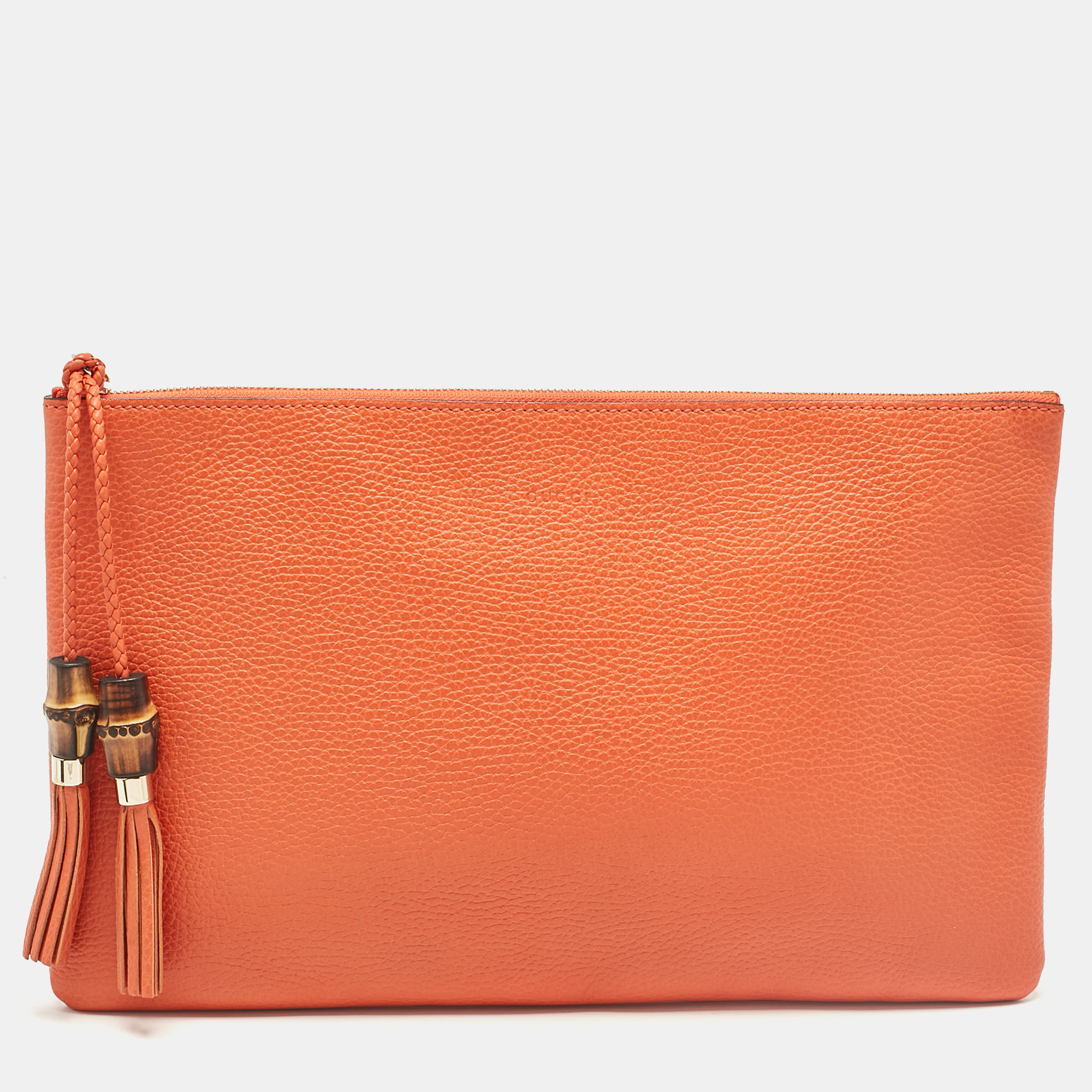 Pre-owned Gucci Orange Leather Bamboo Tassel Zip Pouch