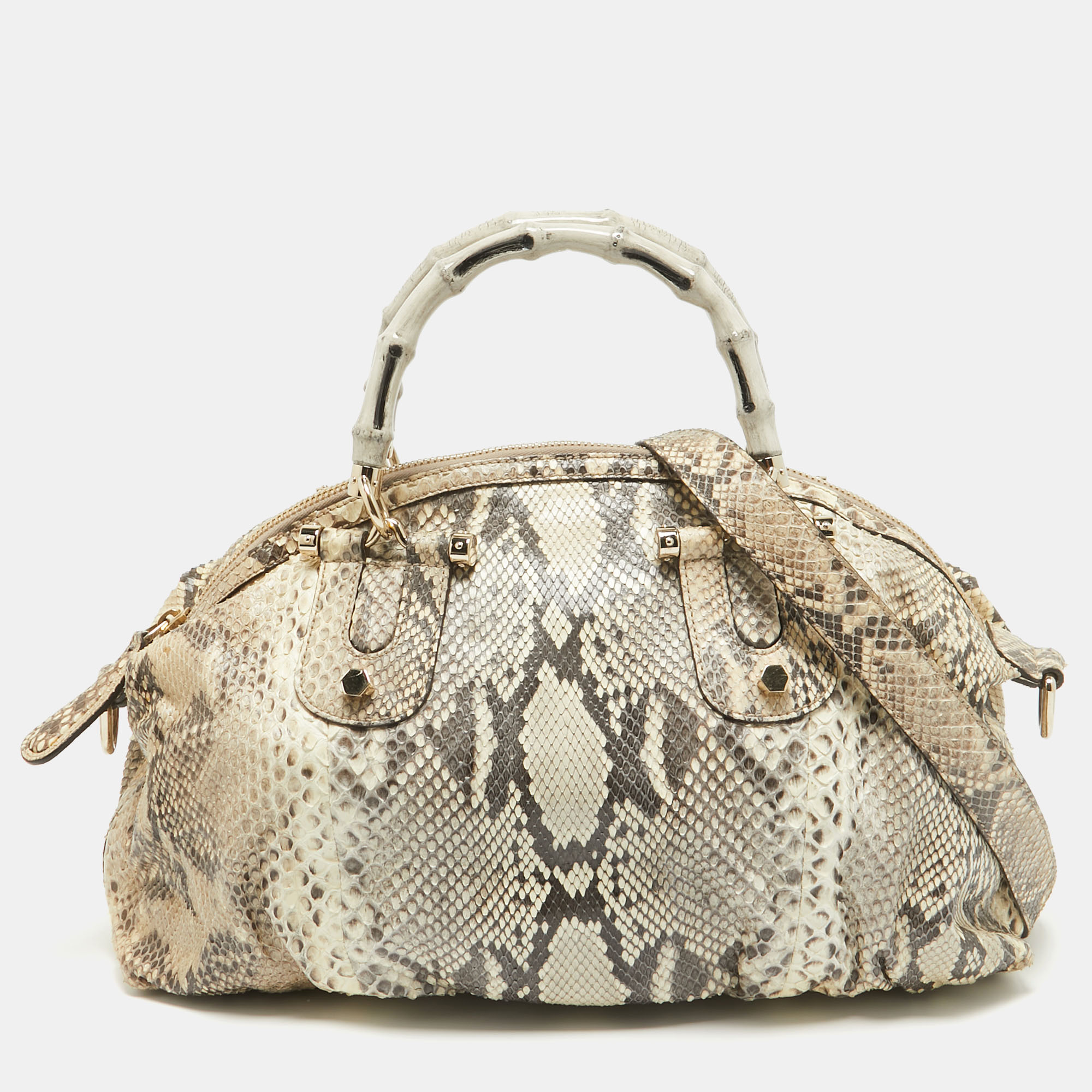 

Gucci Beige Python Pop Bamboo Satchel