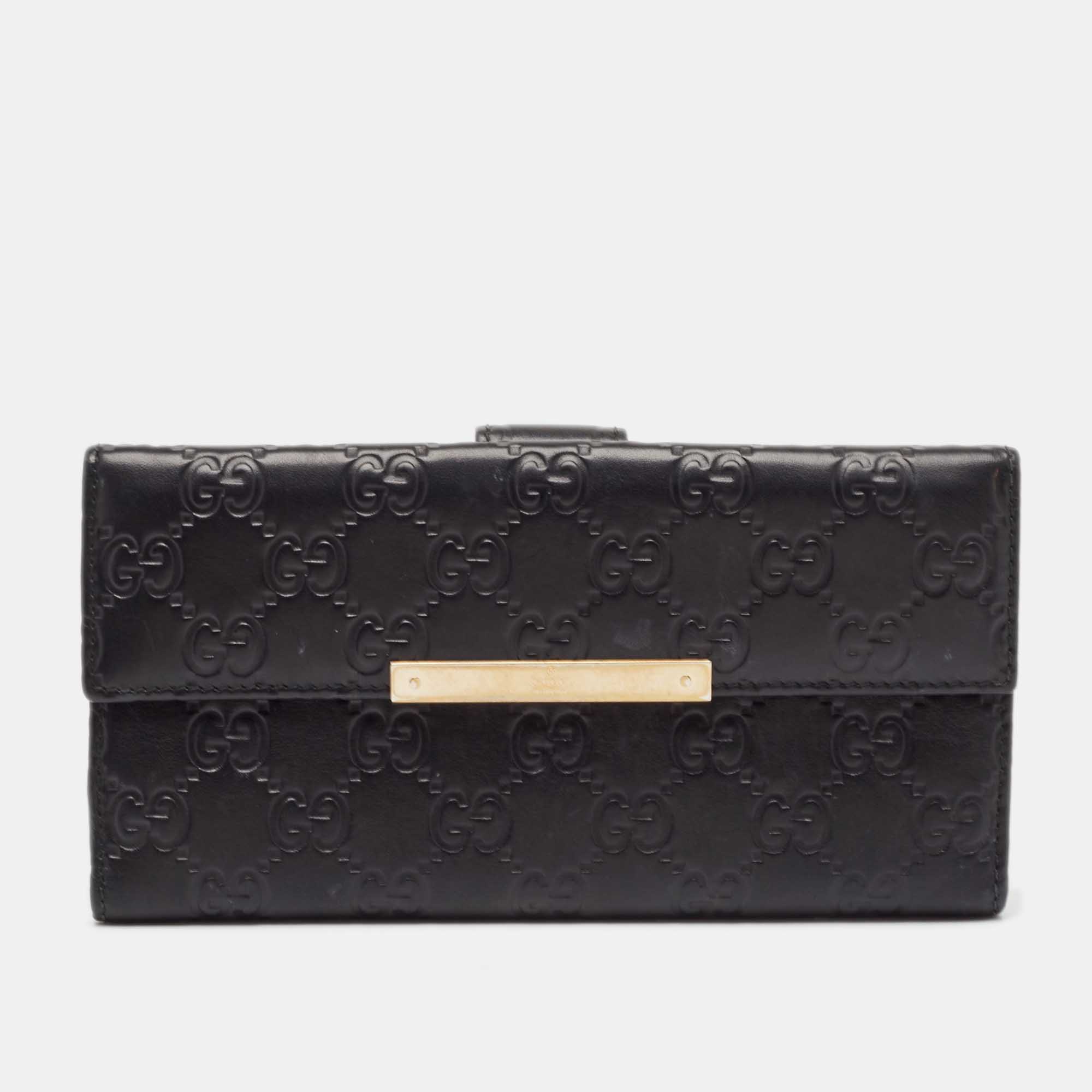 

Gucci Black Guccissima Leather Metal Bar Continental Wallet