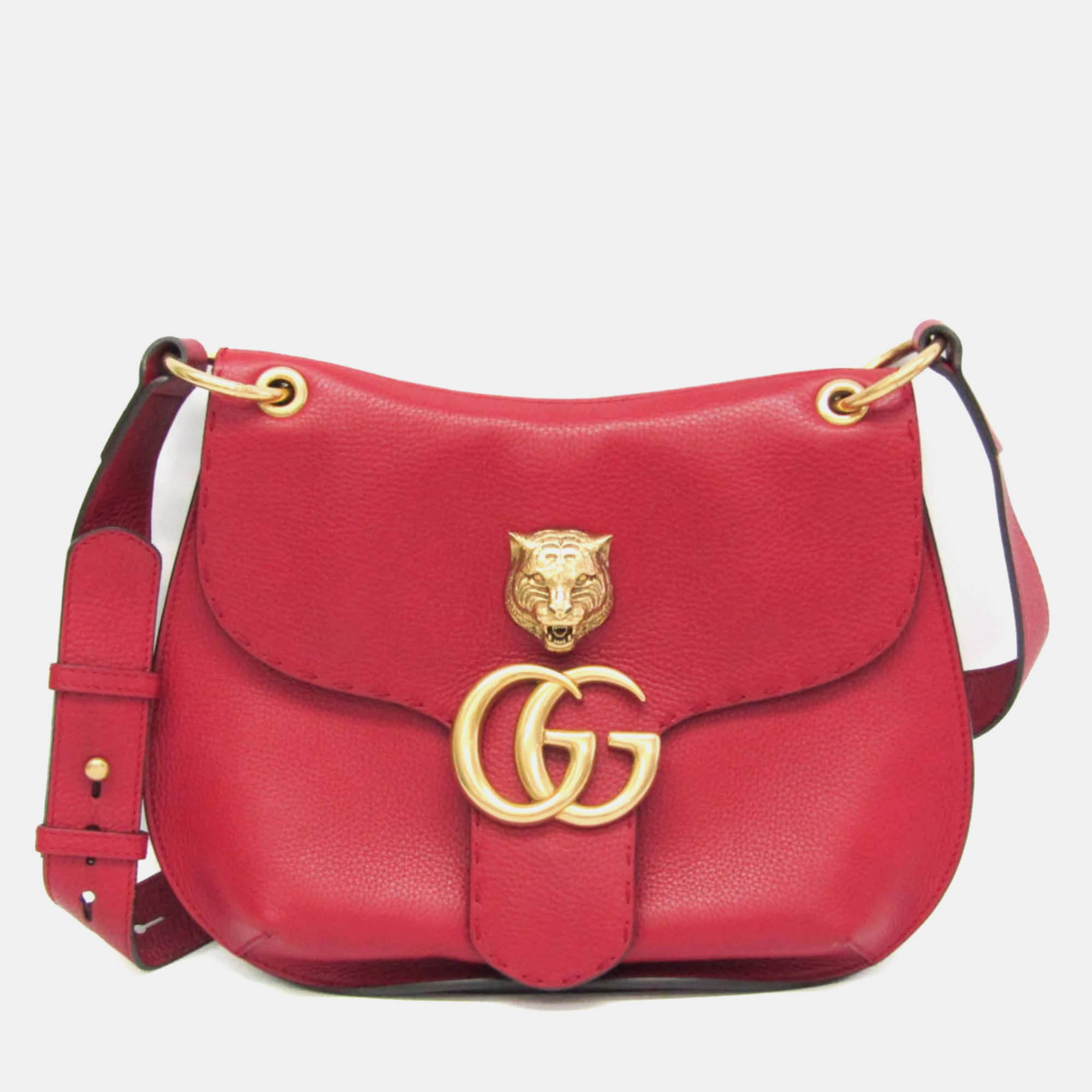 Pre-owned Gucci Red Leather Gg Marmont Animalier Shoulder Bag