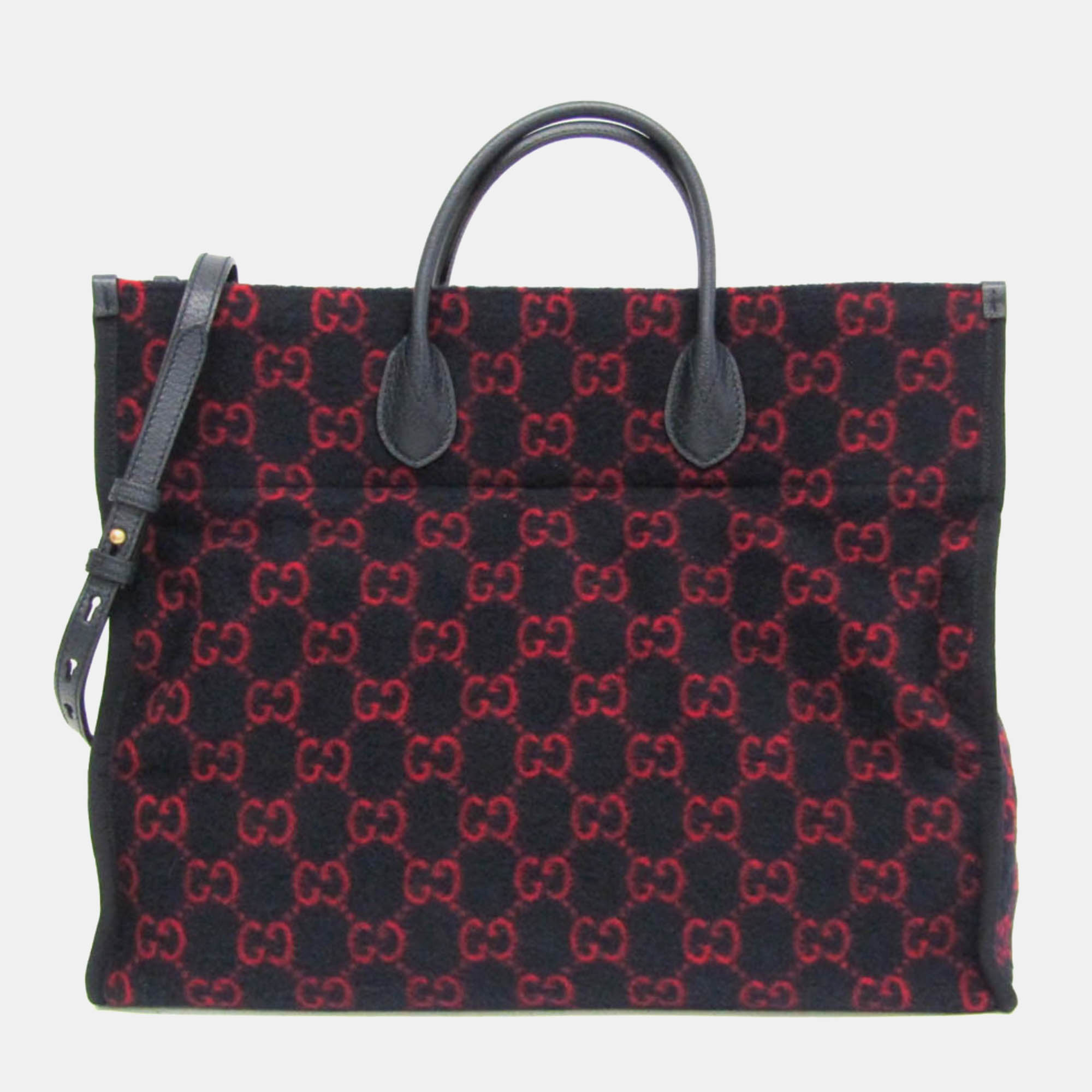 Pre-owned Gucci Dark Navy Blue/red Wool Gg Tote Bag