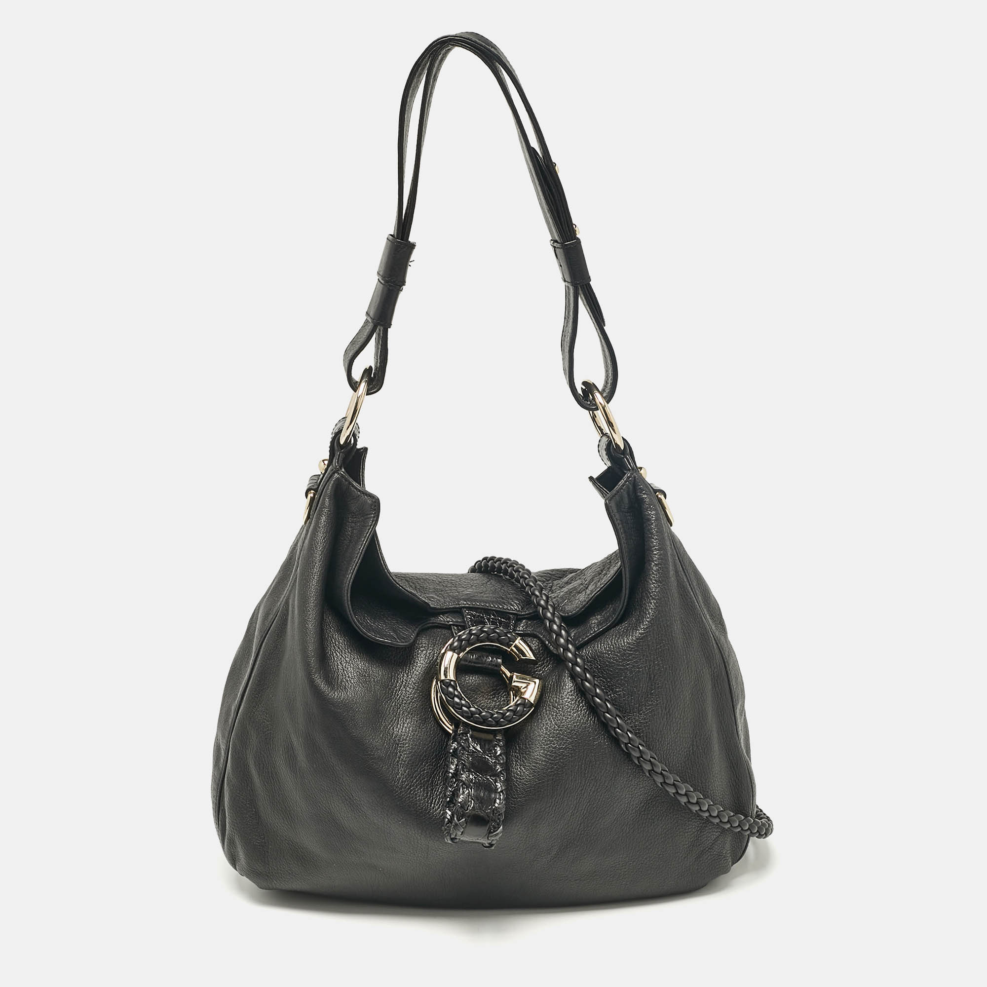 

Gucci Black Leather and Crocodile  G Wave Hobo