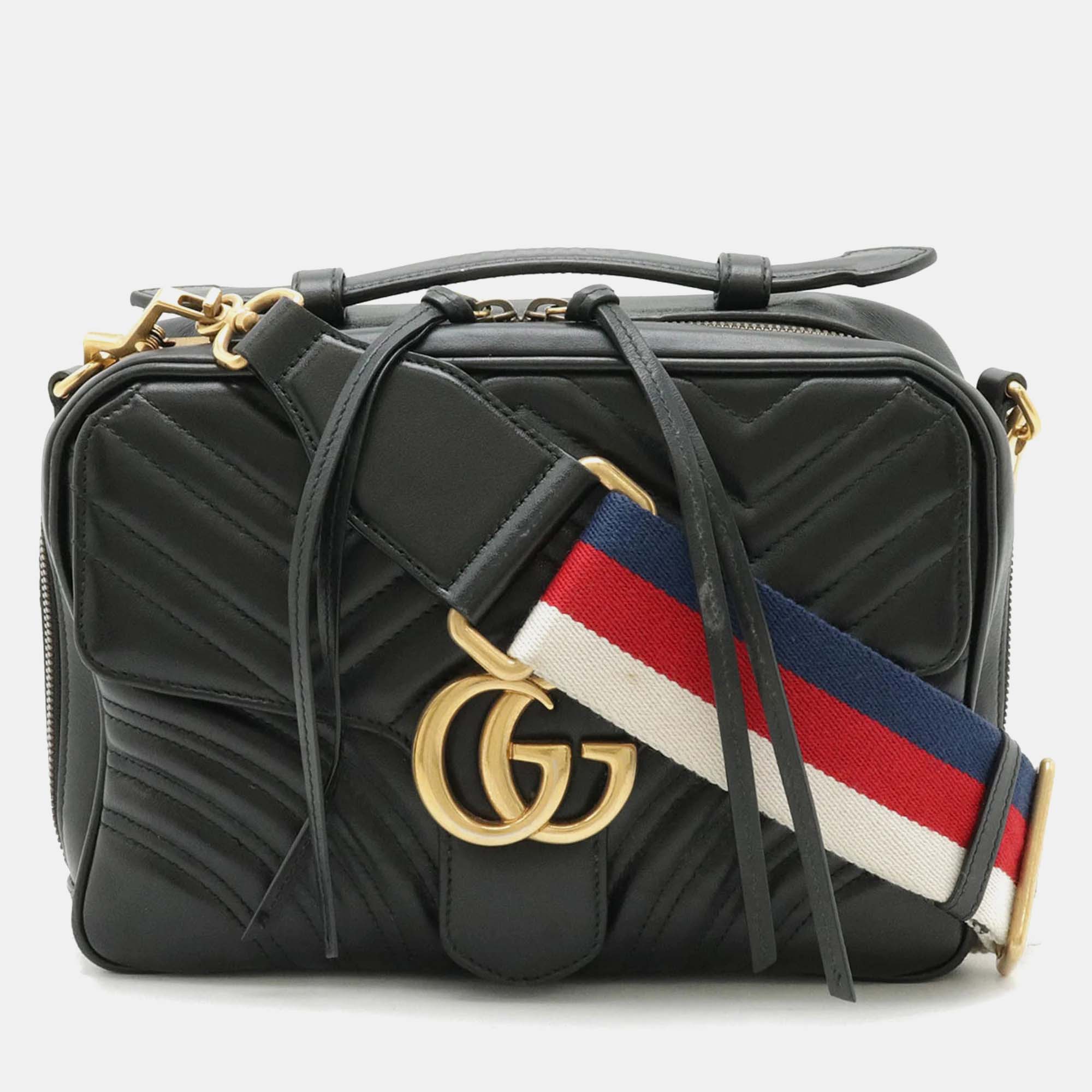 Pre-owned Gucci Black Leather Gg Marmont Quilted Handbag