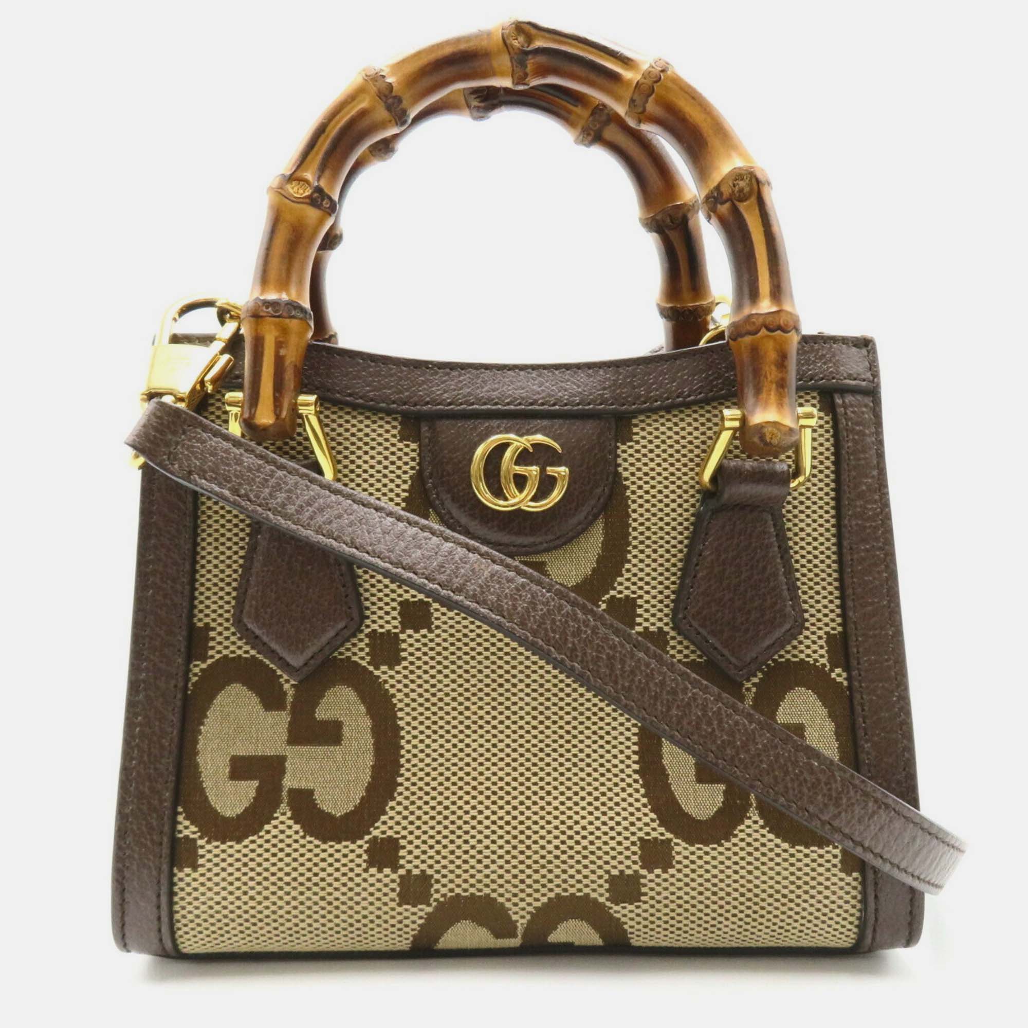 Pre-owned Gucci Beige Brown Canvas Leather Jumbo Gg Bamboo Handle Bag