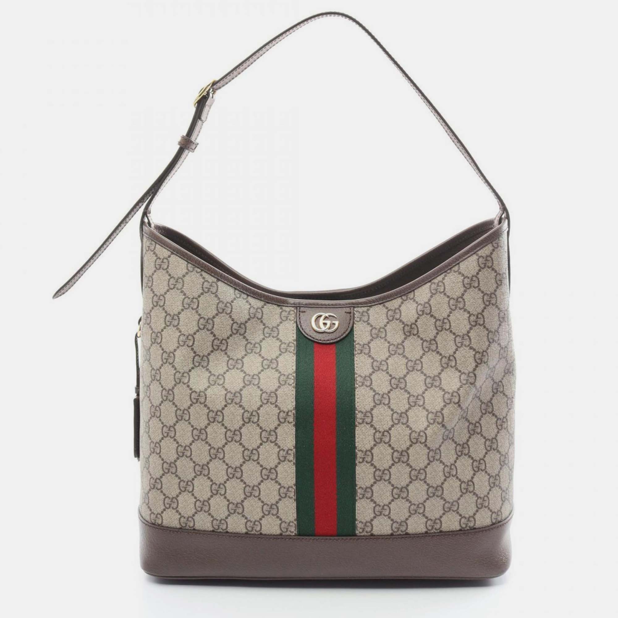 Pre-owned Gucci Beige Brown Multicolor Coated Canvas Leather Ophidia Gg Supreme Medium Shoulder Bag