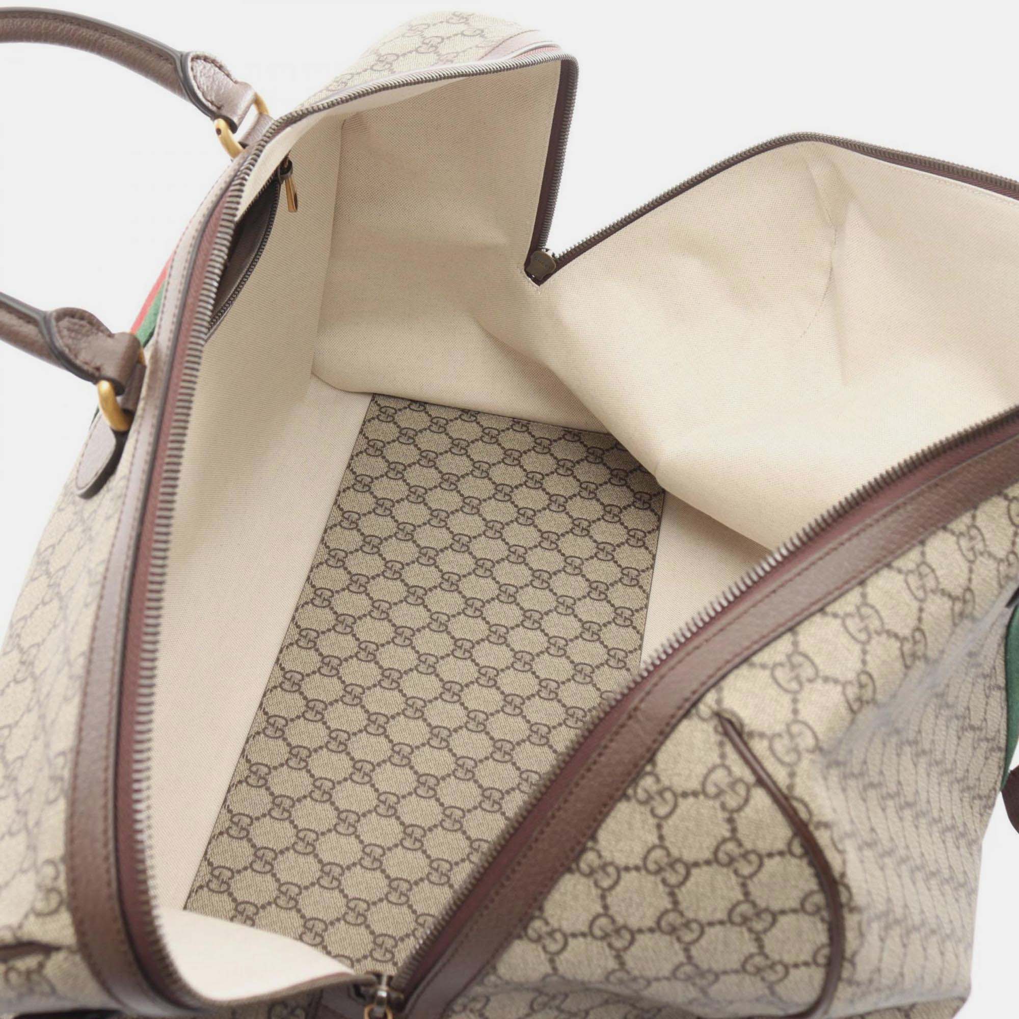 Gucci Beige Brown Multicolor Coated Canvas Leather GG Supreme Sherry Line Boston Bag 