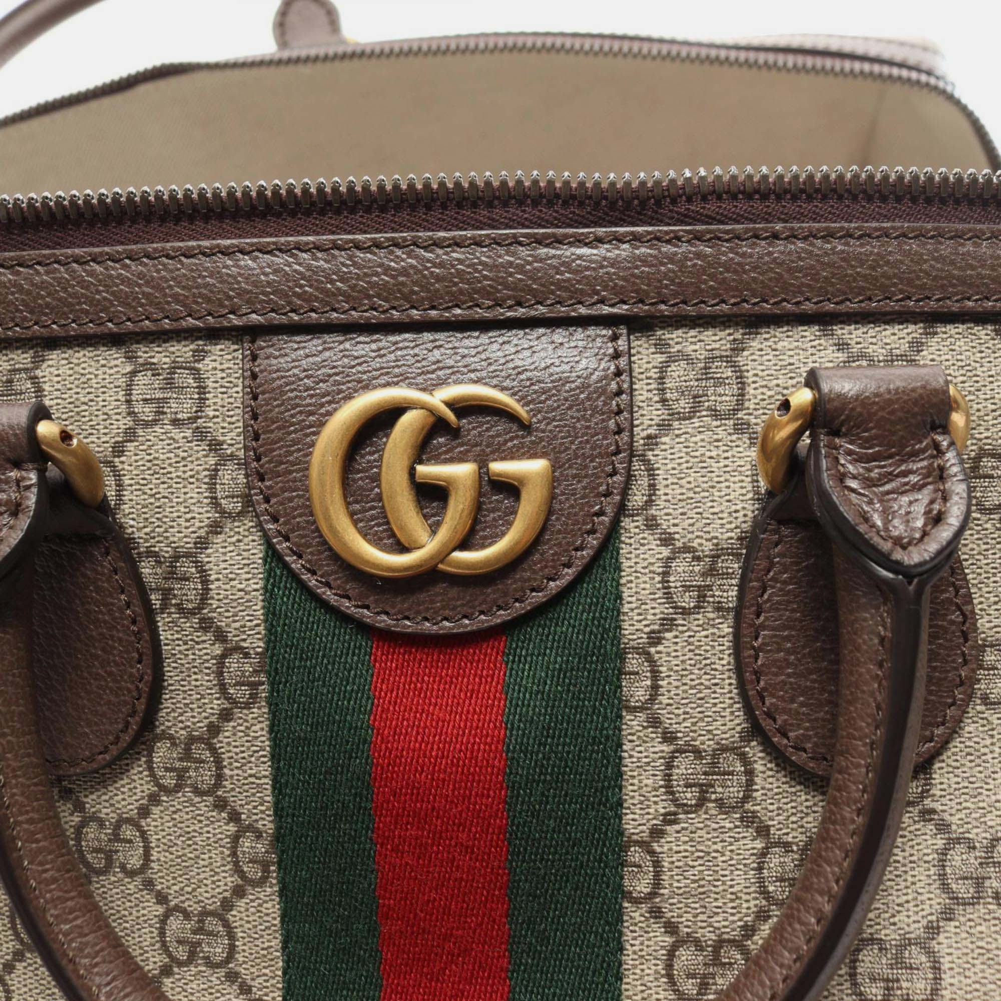 Gucci Beige Brown Multicolor Coated Canvas Leather GG Supreme Sherry Line Boston Bag 
