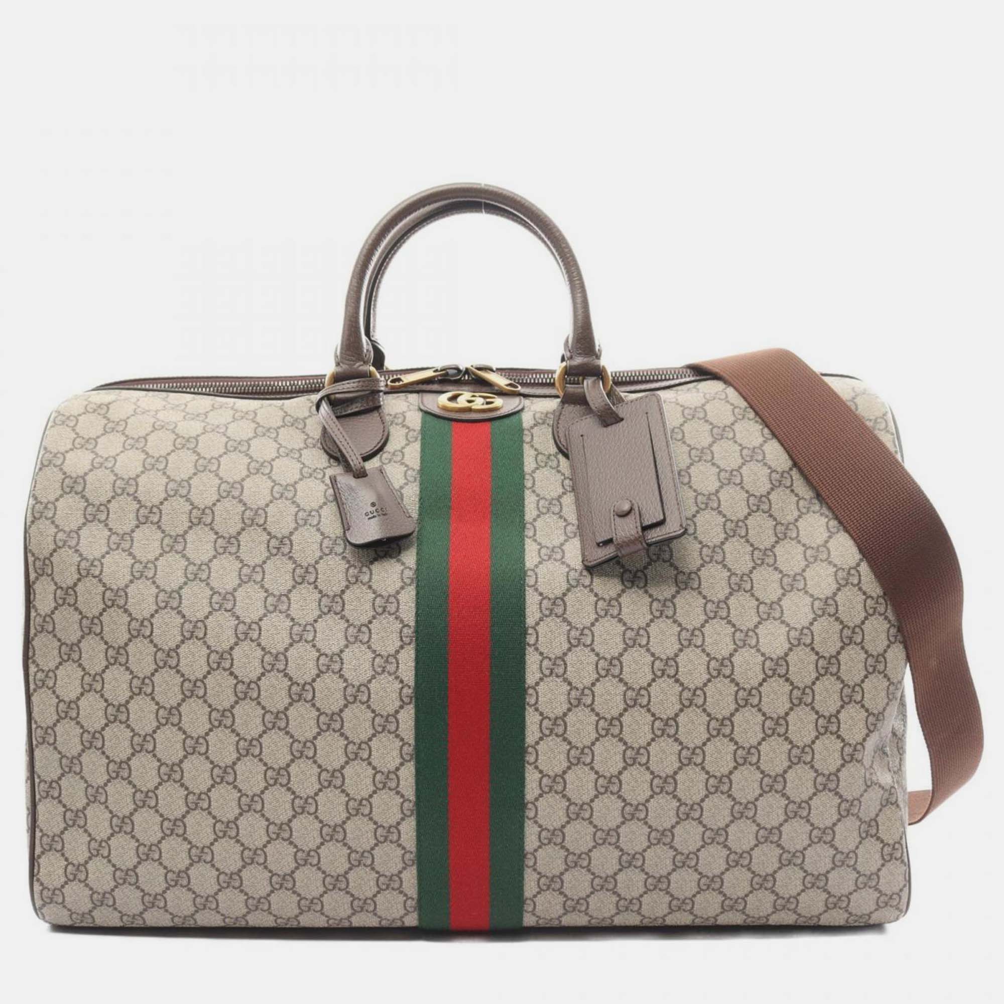 Pre-owned Gucci Beige Brown Multicolor Coated Canvas Leather Gg Supreme Sherry Line Boston Bag